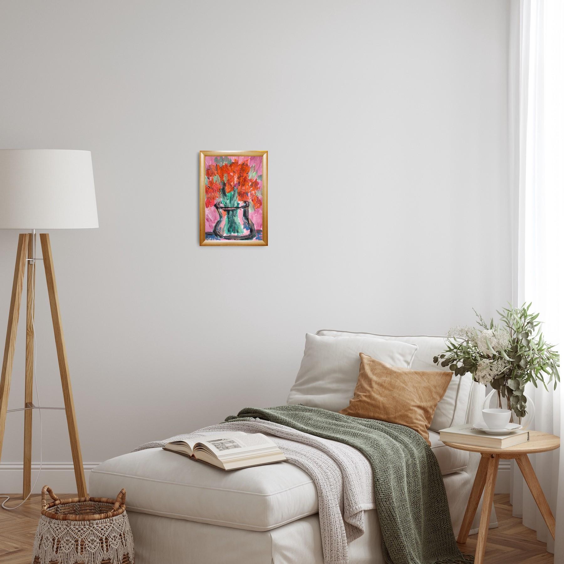 This contemporary abstract expressionist floral painting, infused with elements of Fauvism and Post-Impressionism, was created by French artist Natalya Mougenot in her Lyon atelier in September 2025. Part of her ongoing Floral series, Orange Petals