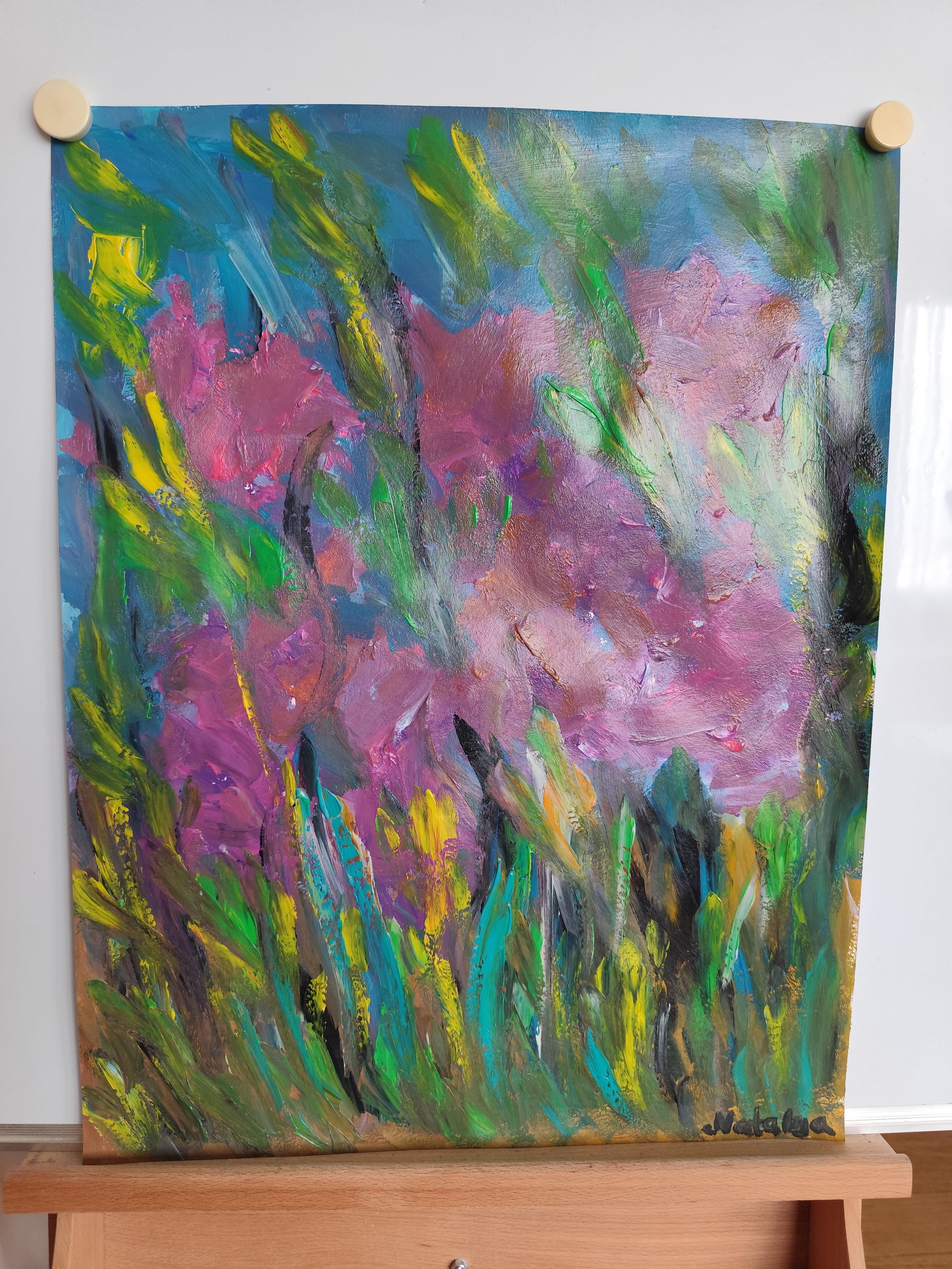 Peinture florale expressionniste abstraite contemporaine sur papier 