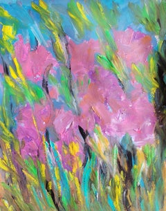Contemporary abstract expressionist floral painting paper "Irises in the wind"