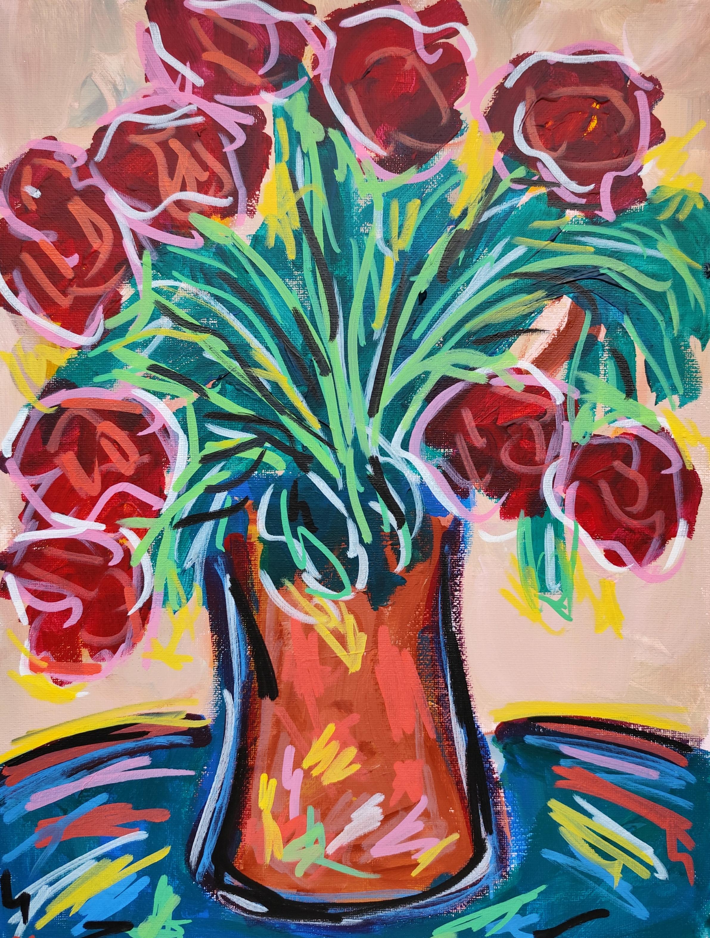 Zeitgenössisches abstraktes expressionistisches Blumenstillleben "Echos von Rot"
