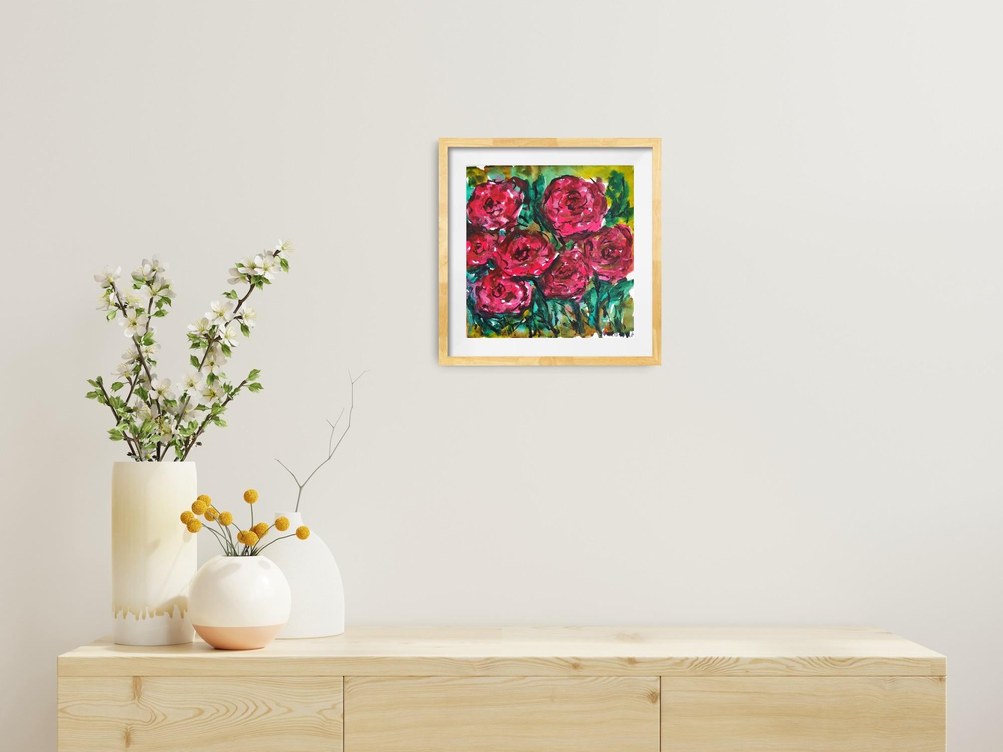 This contemporary, vibrant abstract expressionist floral painting, executed with the touch of Impressionism and the intensity of Fauvism, was created by French artist Natalya Mougenot. It is part of her ongoing series dedicated to flowers, where she