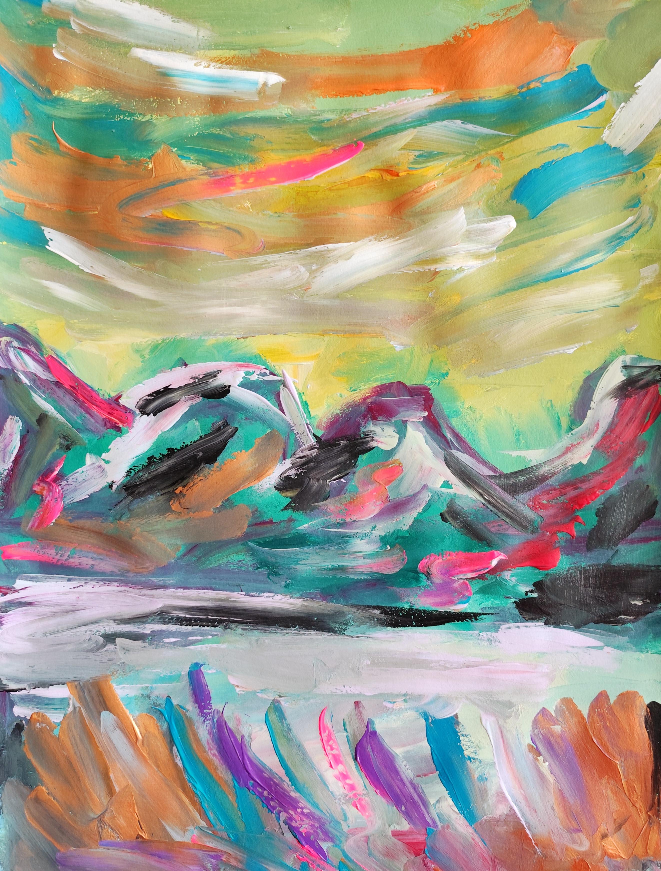 Landscape Painting de Mougenot Natalya - Paisaje expresionista abstracto contemporáneo naturaleza sobre papel "Floración infinita"