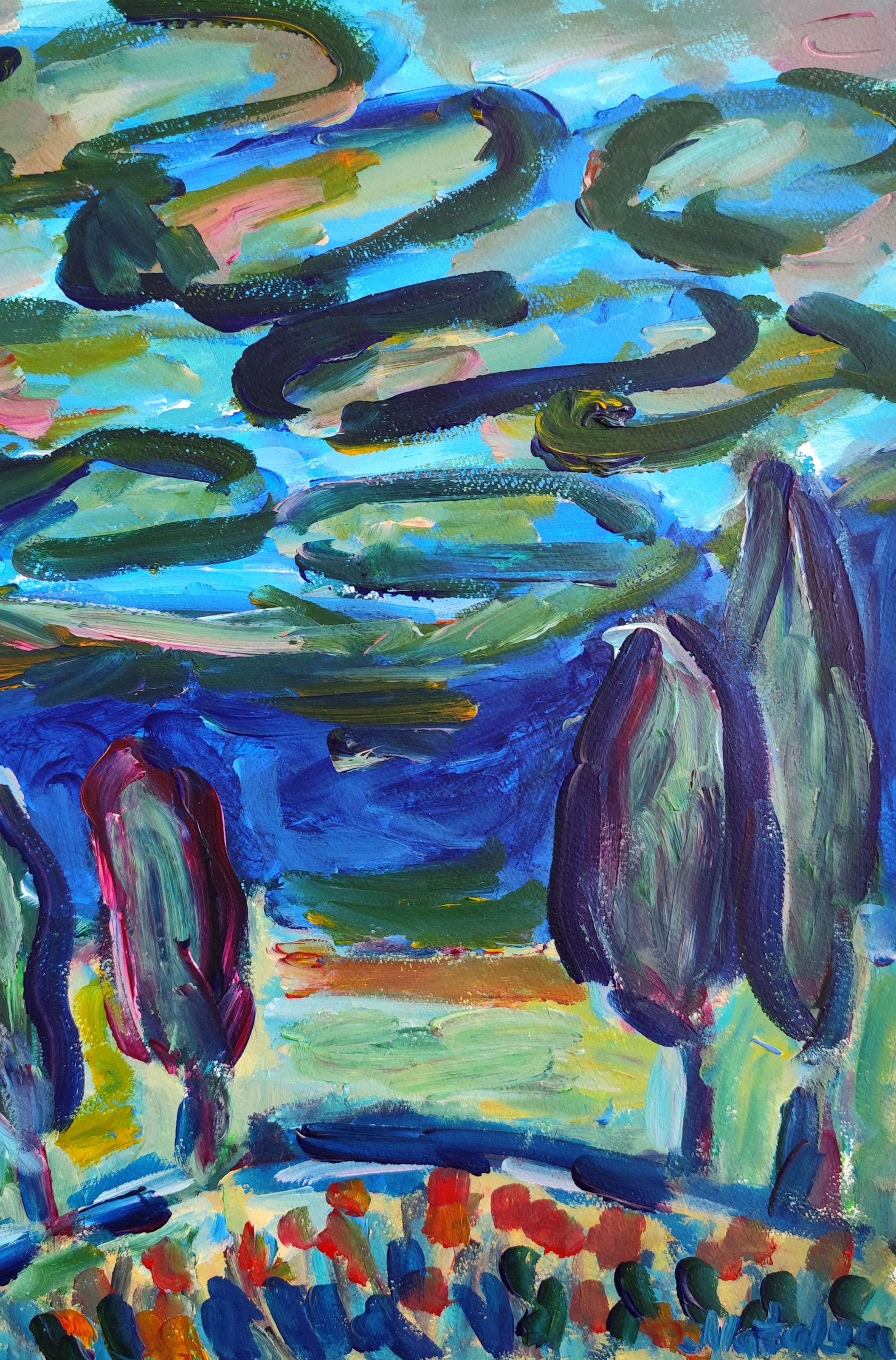 Abstract Painting Mougenot Natalya - Contemporain abstrait expressionniste nature Provence "Nuages sur cyprès"