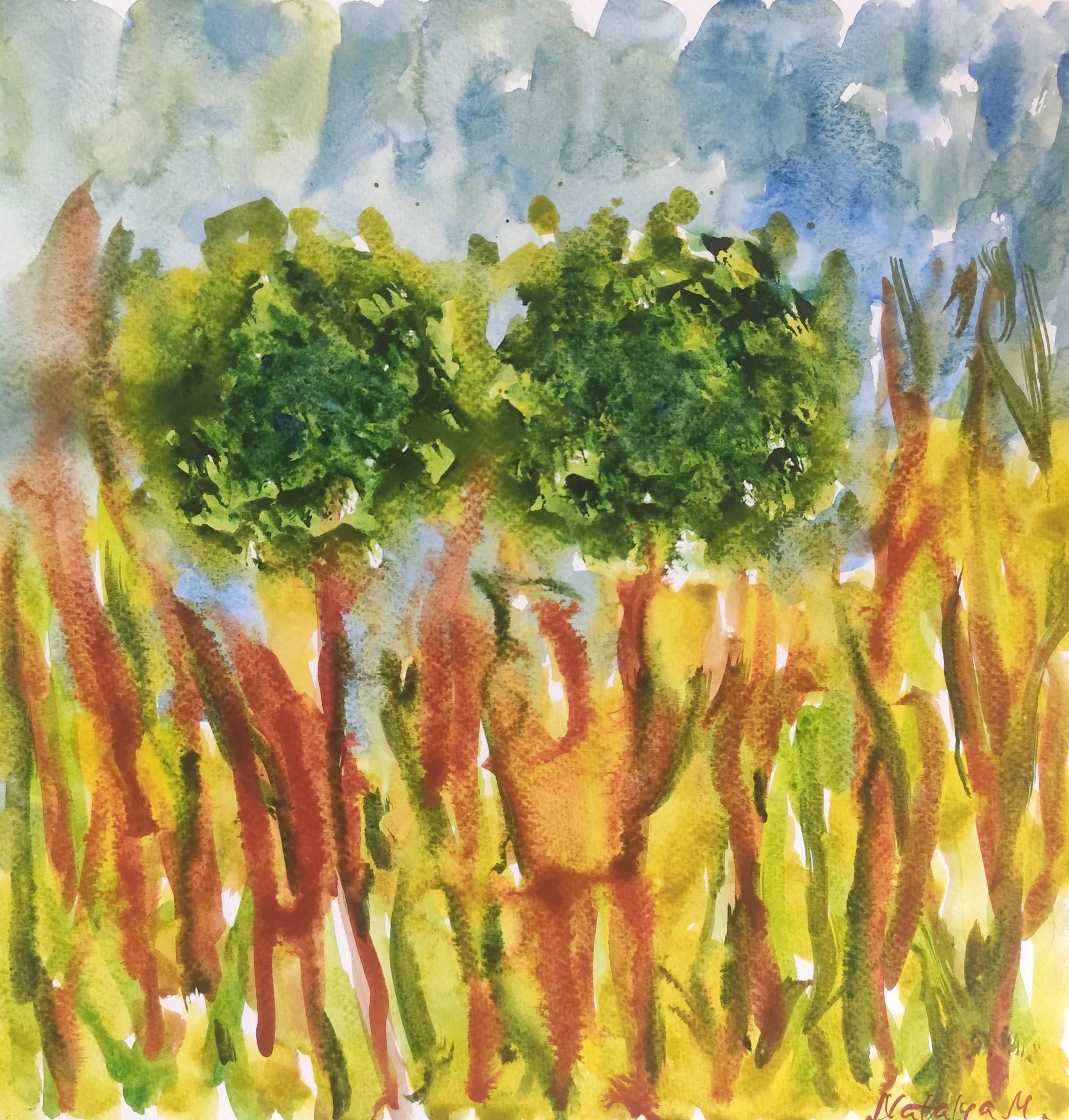 Mougenot Natalya Abstract Painting - Contemporary abstract expressionist nature watercolor painting "Nature's pulse"