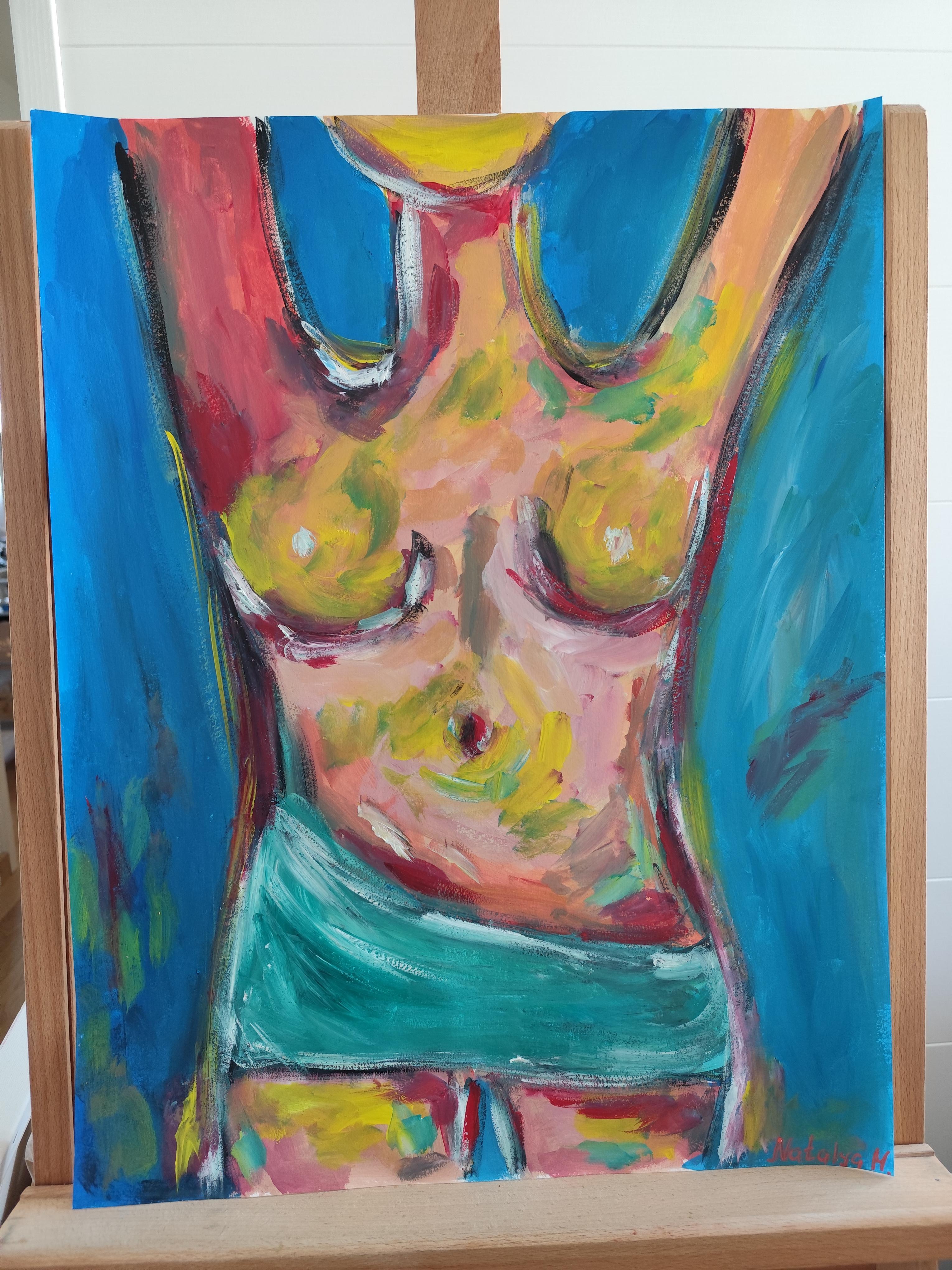 Contemporary abstract expressionist nude woman's figure painting 