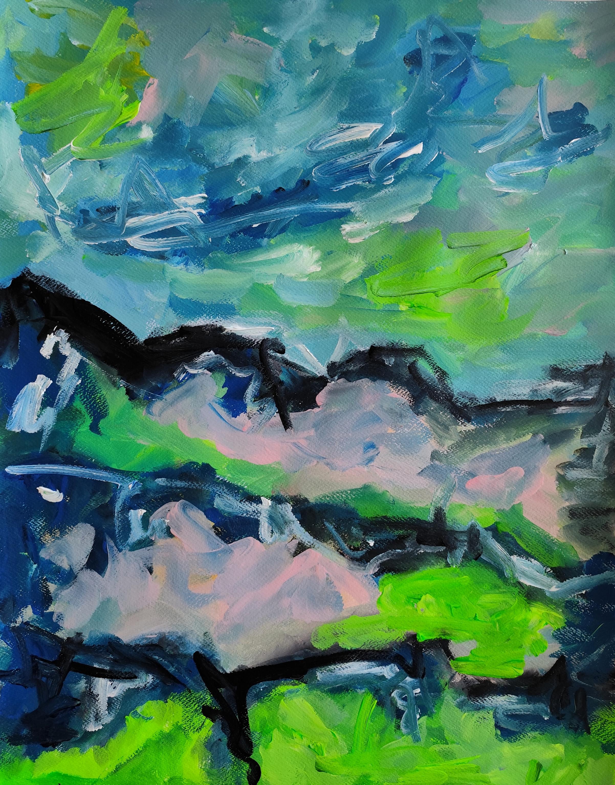 Mougenot Natalya Abstract Painting - Contemporary abstract expressionist painting on paper "Harbour of strength"
