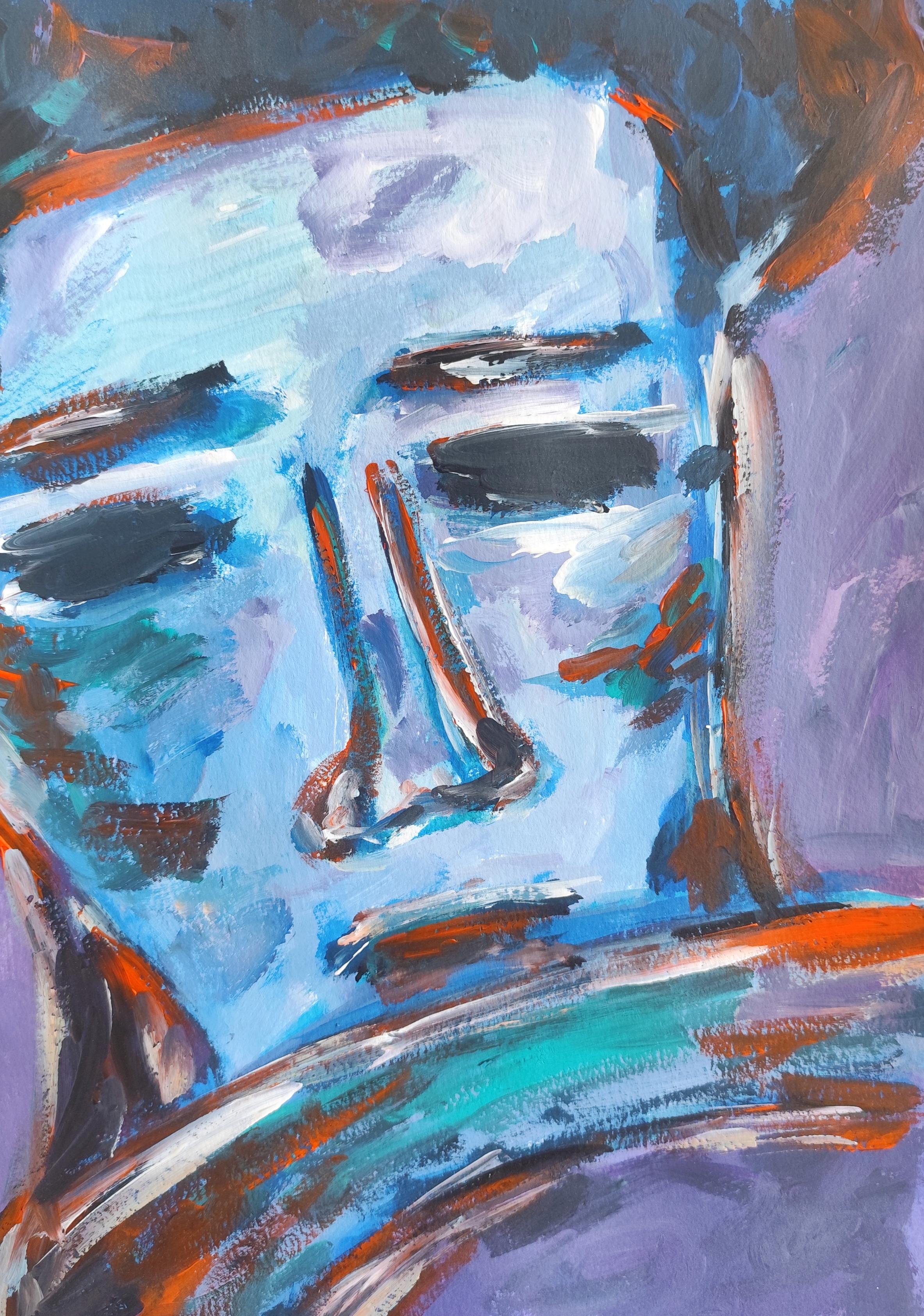 Mougenot Natalya Abstract Painting - Contemporary abstract expressionist portrait acrylic on paper "Beyond the face"
