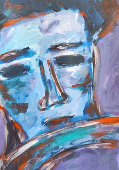 Portrait expressionniste abstrait contemporain acrylique sur papier "Au-delà du visage".
