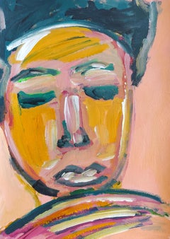 Contemporary abstrakt  expressionistisches Porträt Acryl auf Papier "Introspektion"