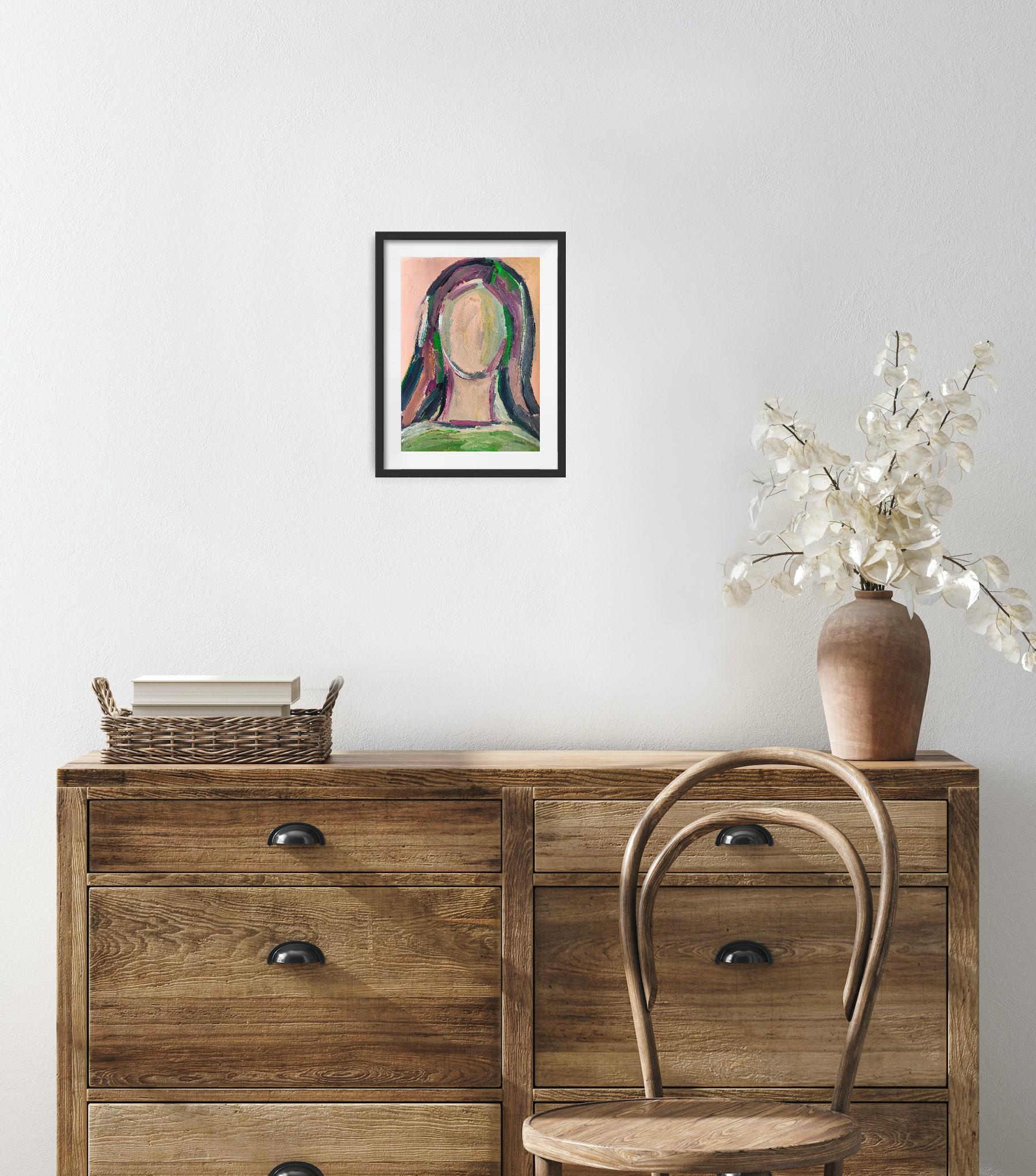 This contemporary abstract expressionist woman's portrait was created by the French artist Natalya Mougenot. With flowing long hair and no facial details, the figure is rendered in an evocative, minimalist style that captures presence through