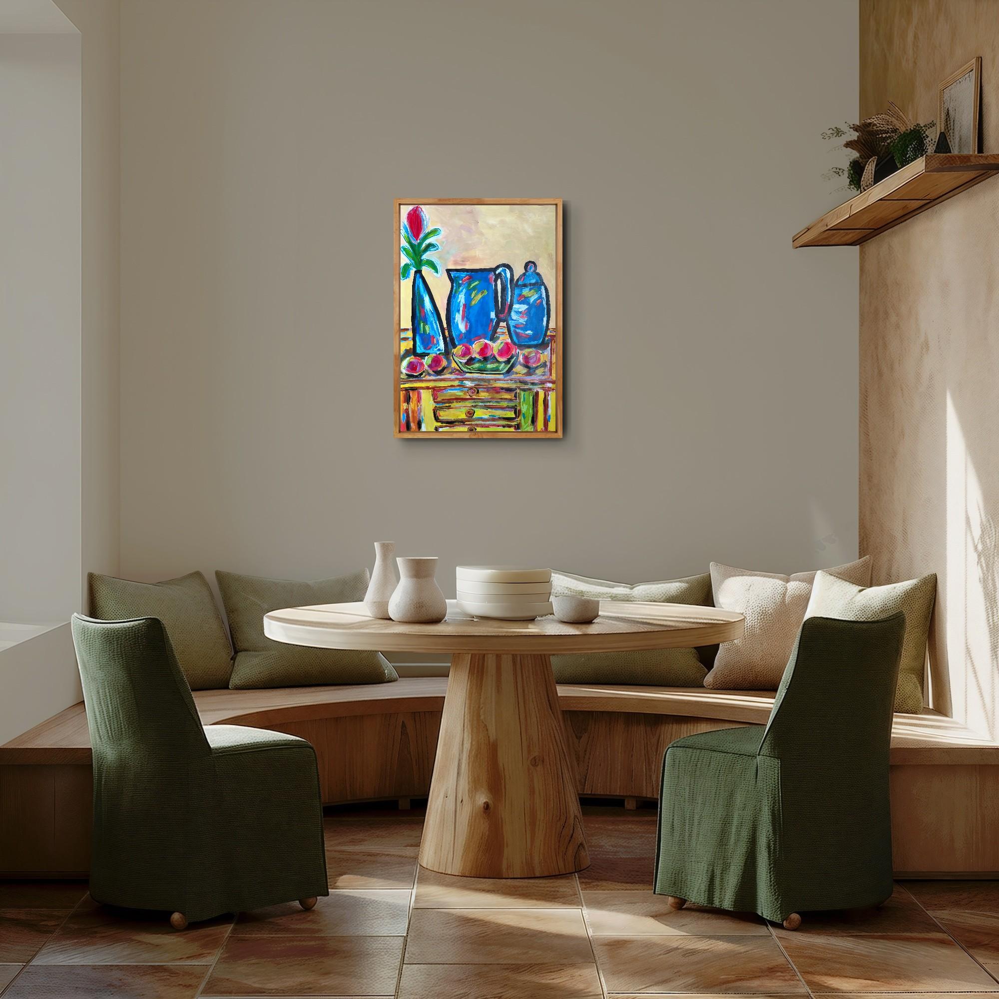Cette nature morte abstraite-expressionniste contemporaine représentant des objets du quotidien et des pommes rouges a été créée par l'artiste française Natalya Mougenot. Connue pour son coup de pinceau expressif, sa palette de couleurs lumineuses