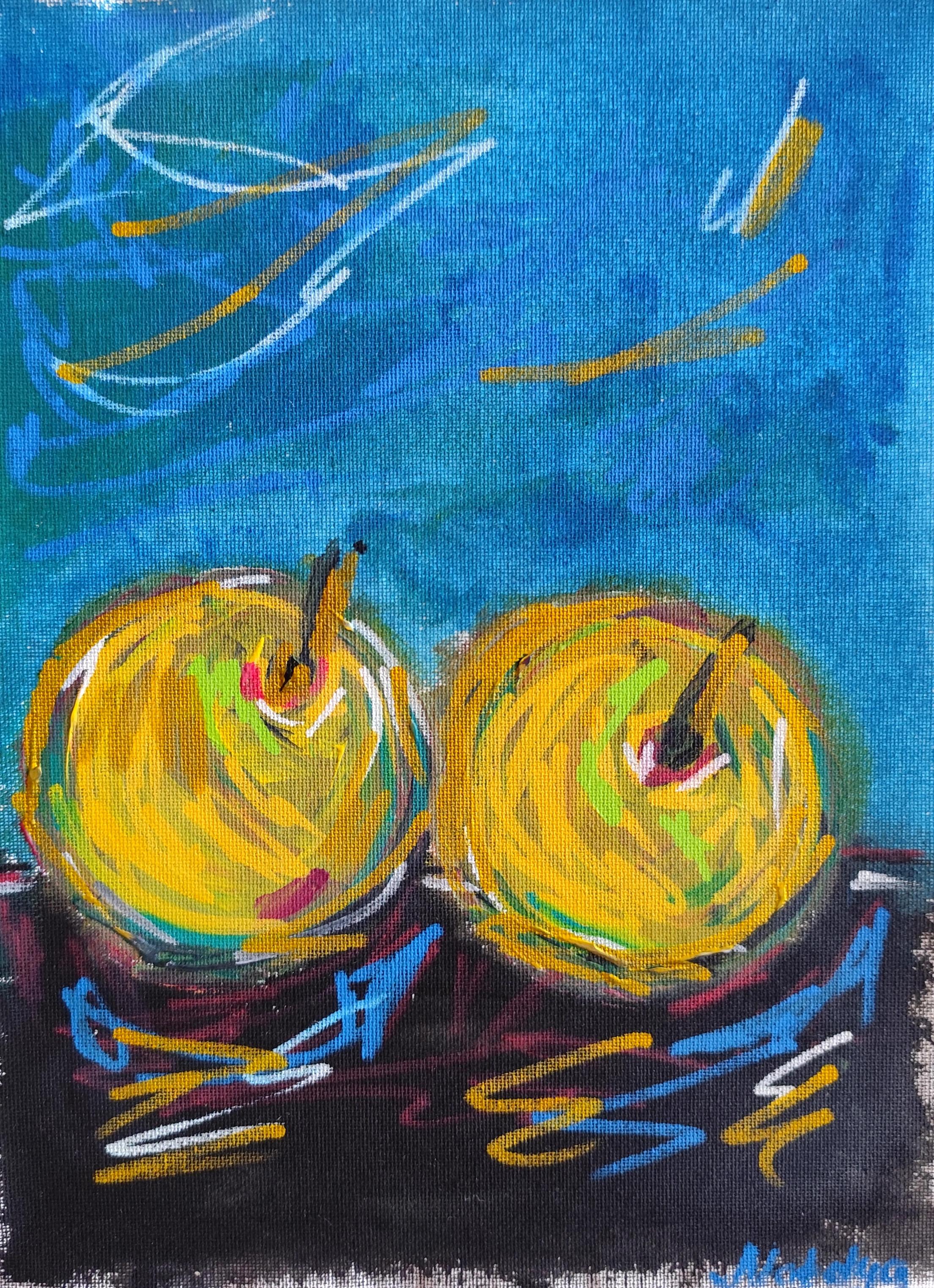 Zeitgenössisches abstraktes expressionistisches Stillleben auf Leinwand "Goldenes Paar"