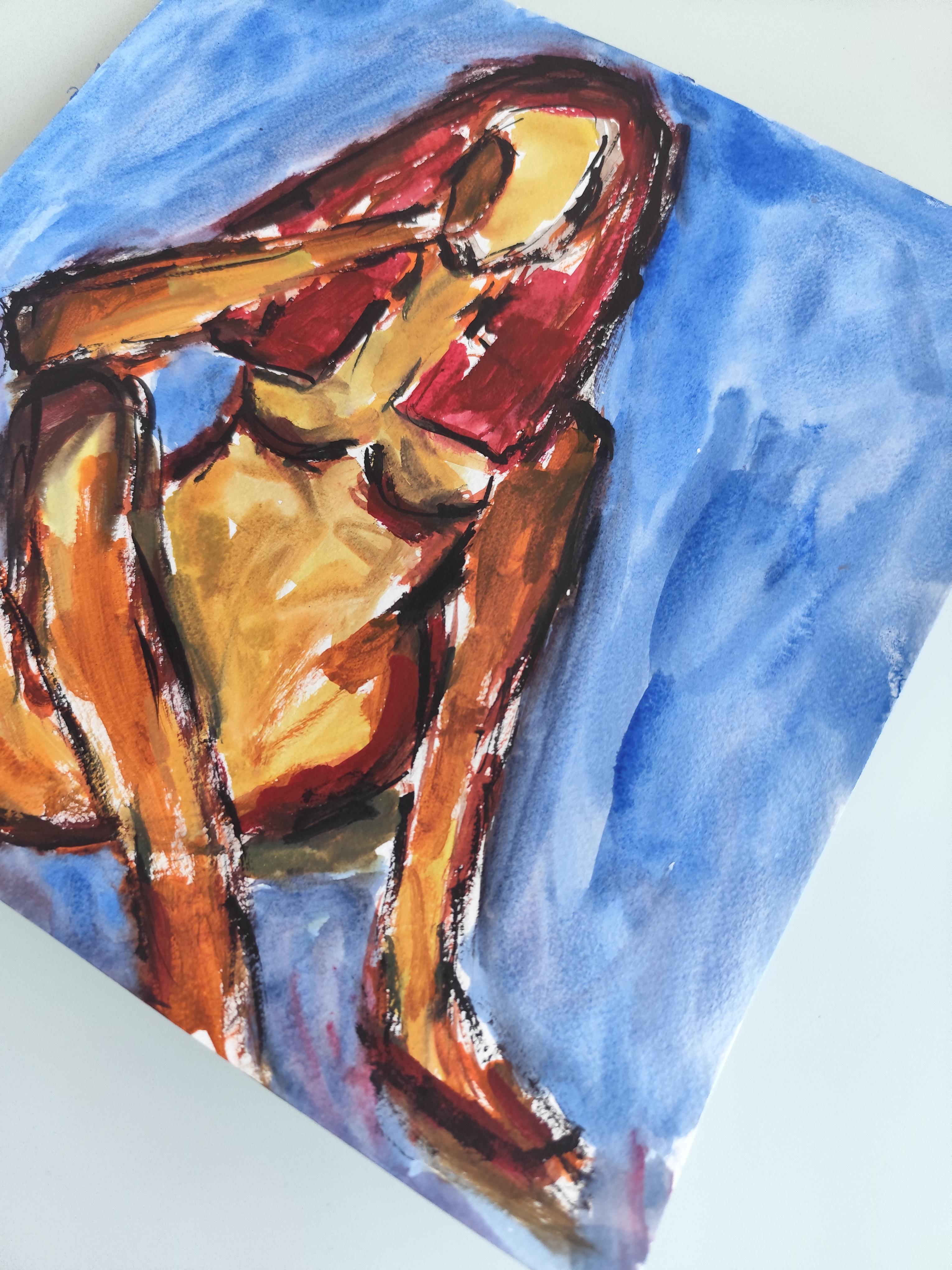 Contemporaine abstraite expressionniste vive aquarelle femme papier 