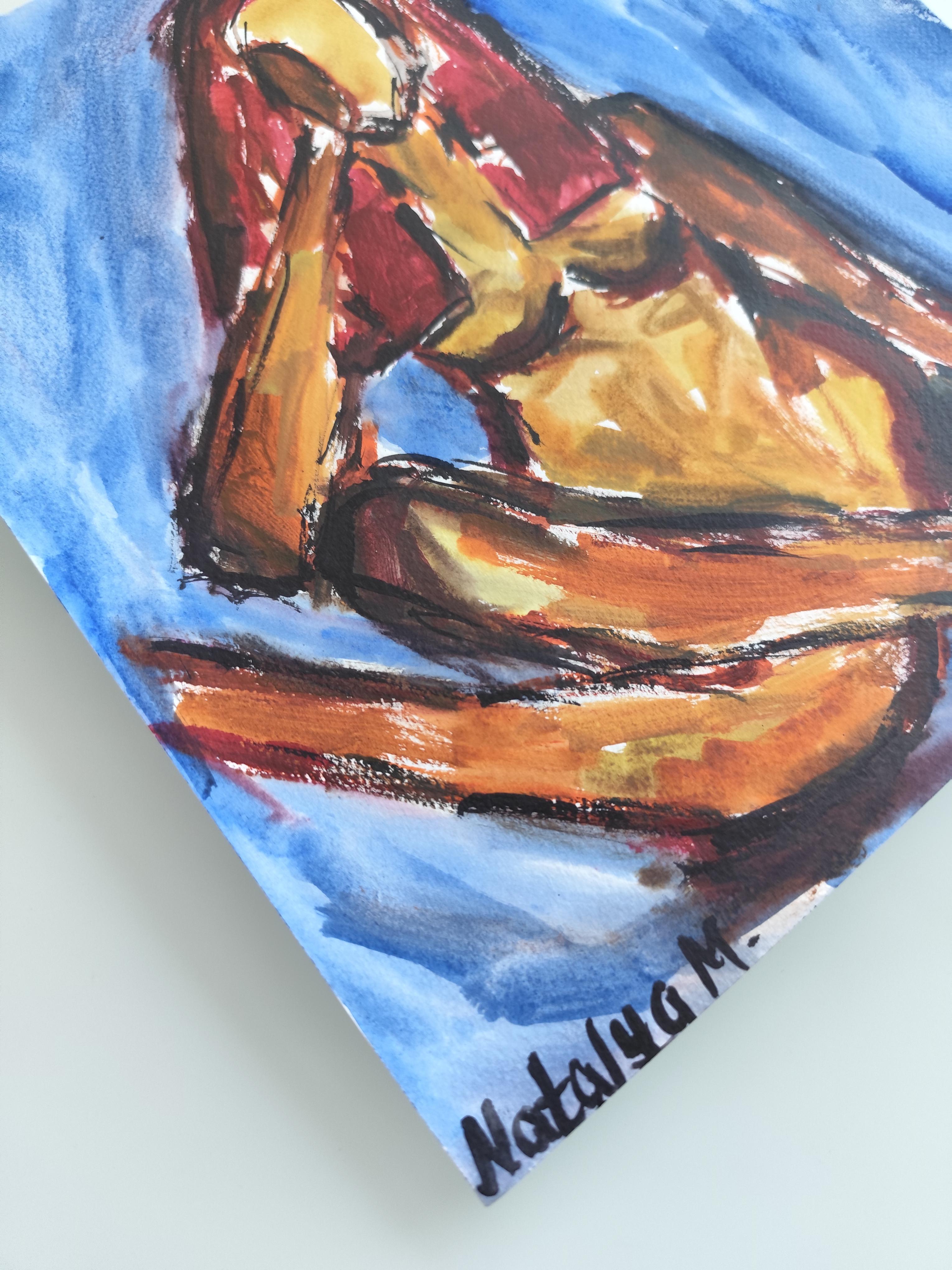 Contemporaine abstraite expressionniste vive aquarelle femme papier 