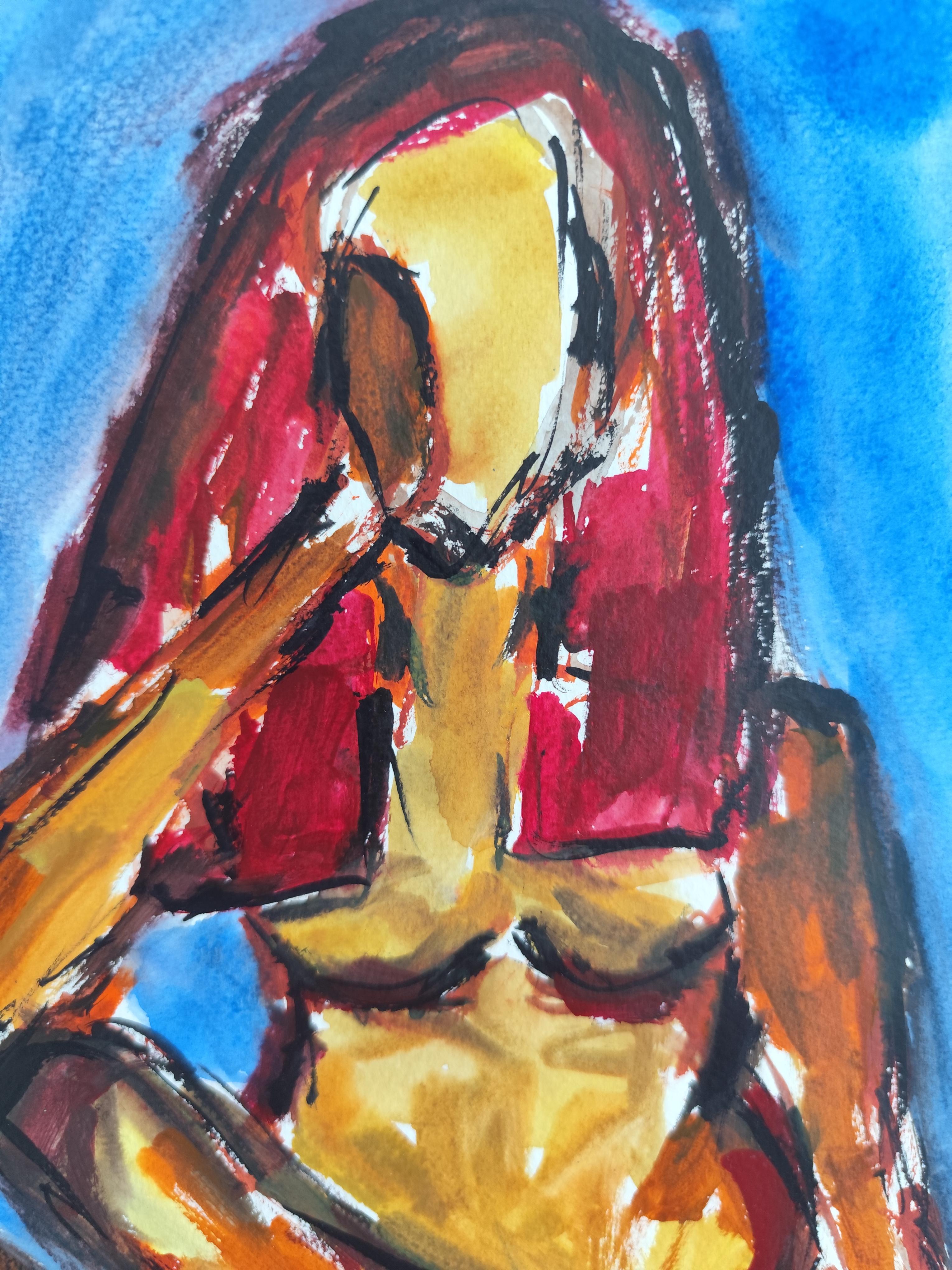 Contemporaine abstraite expressionniste vive aquarelle femme papier 