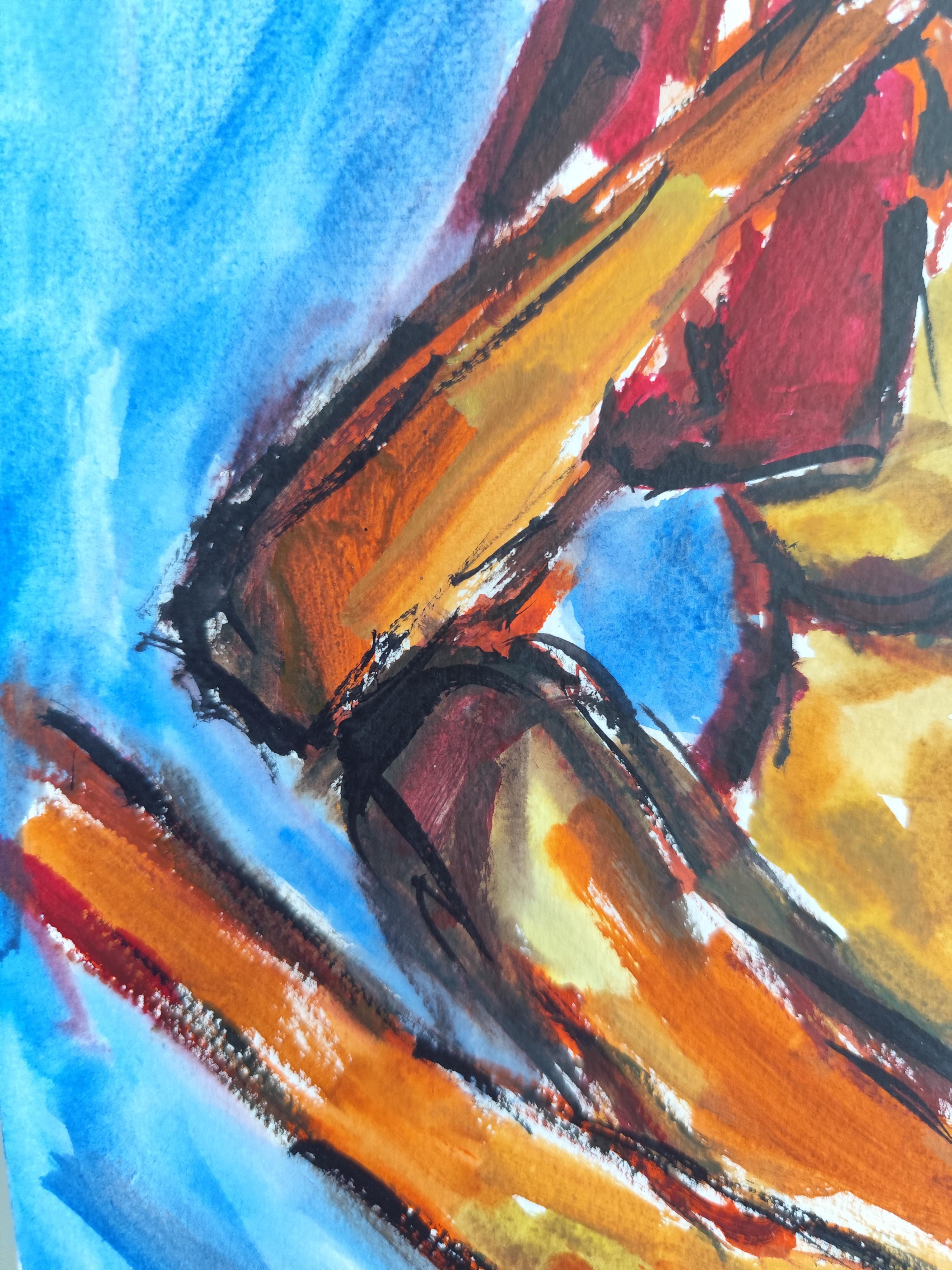 Contemporaine abstraite expressionniste vive aquarelle femme papier 