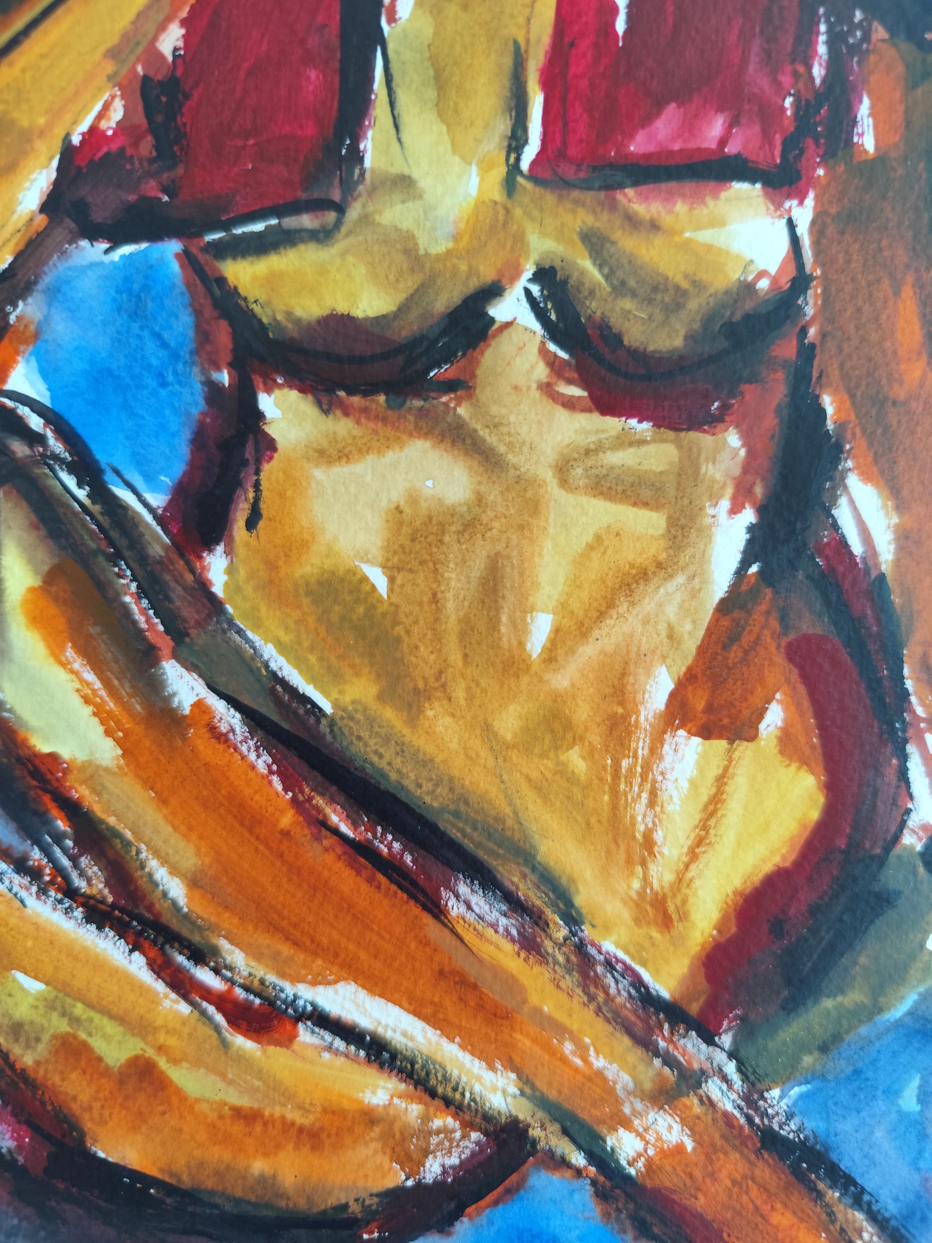 Contemporaine abstraite expressionniste vive aquarelle femme papier 