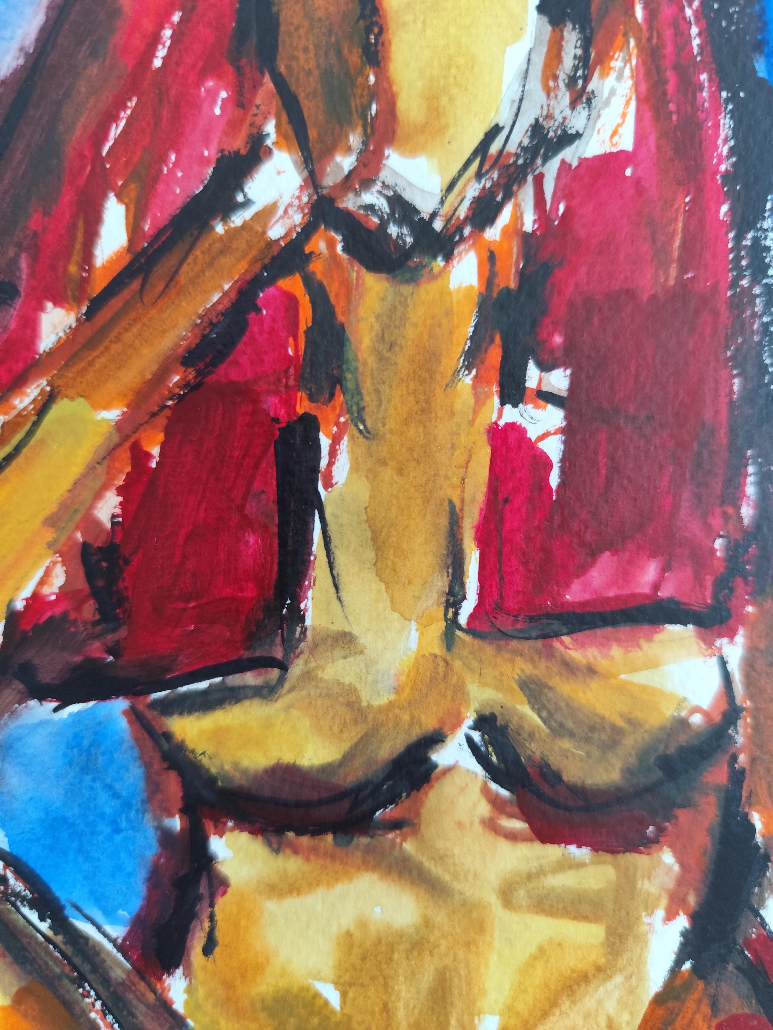 Contemporaine abstraite expressionniste vive aquarelle femme papier 
