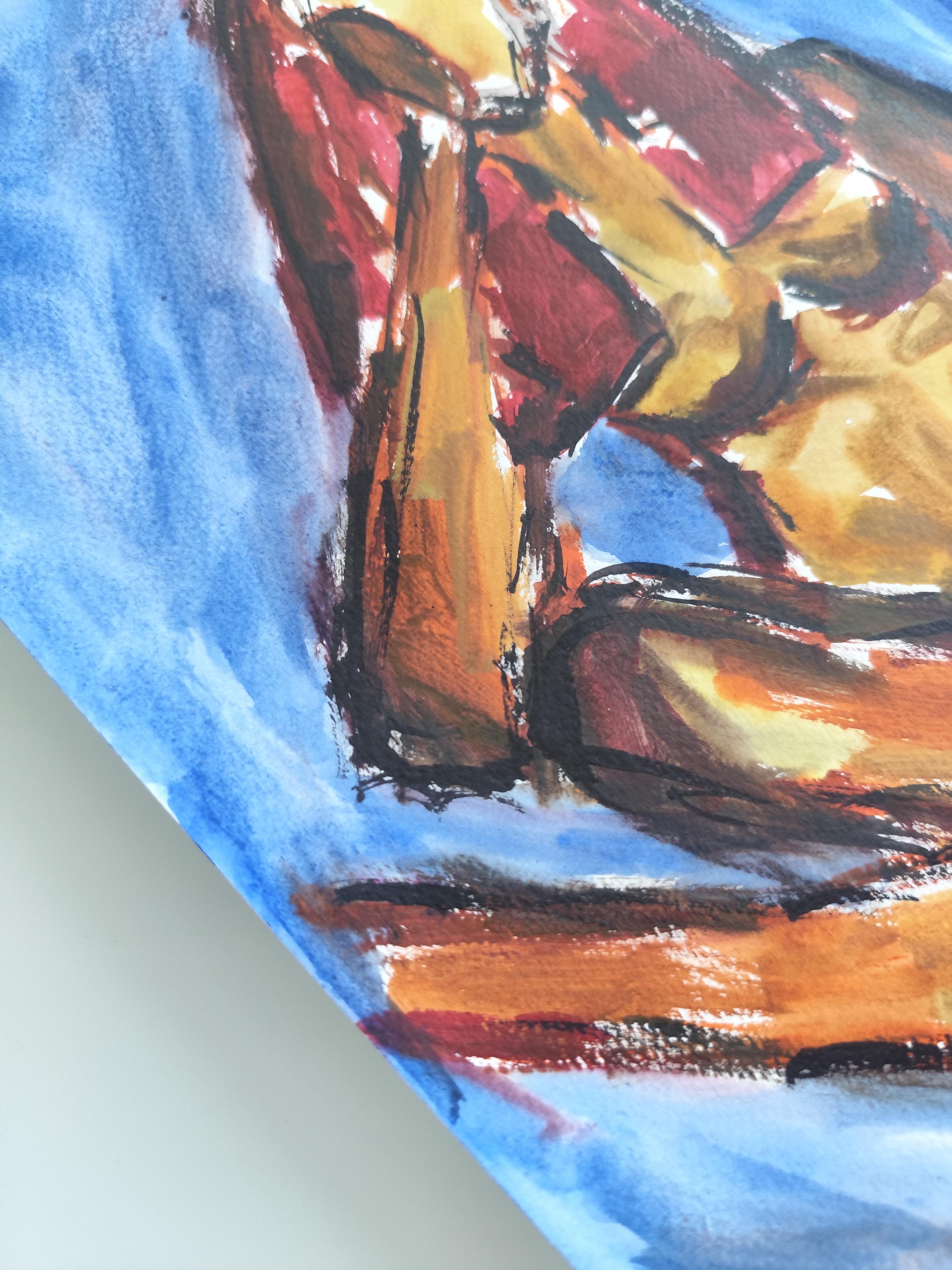 Contemporaine abstraite expressionniste vive aquarelle femme papier 