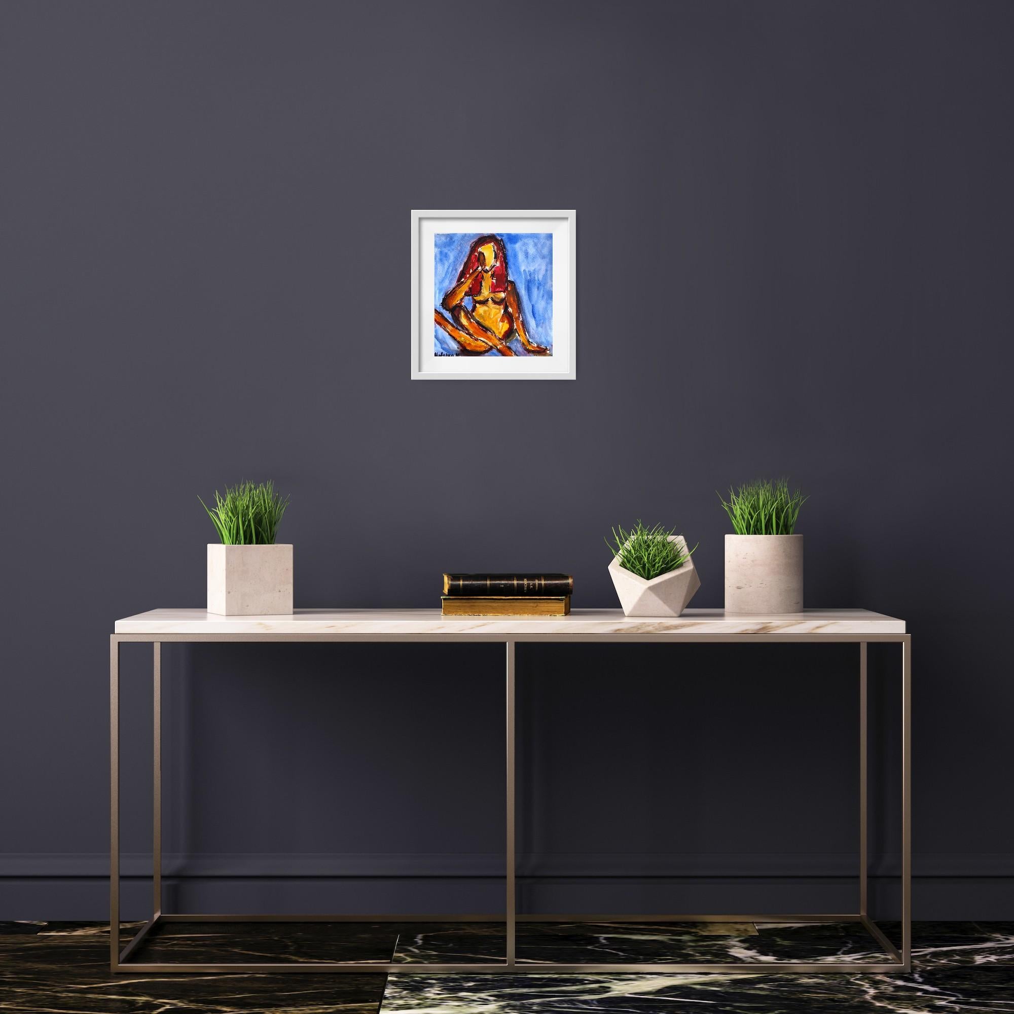 Contemporaine abstraite expressionniste vive aquarelle femme papier 
