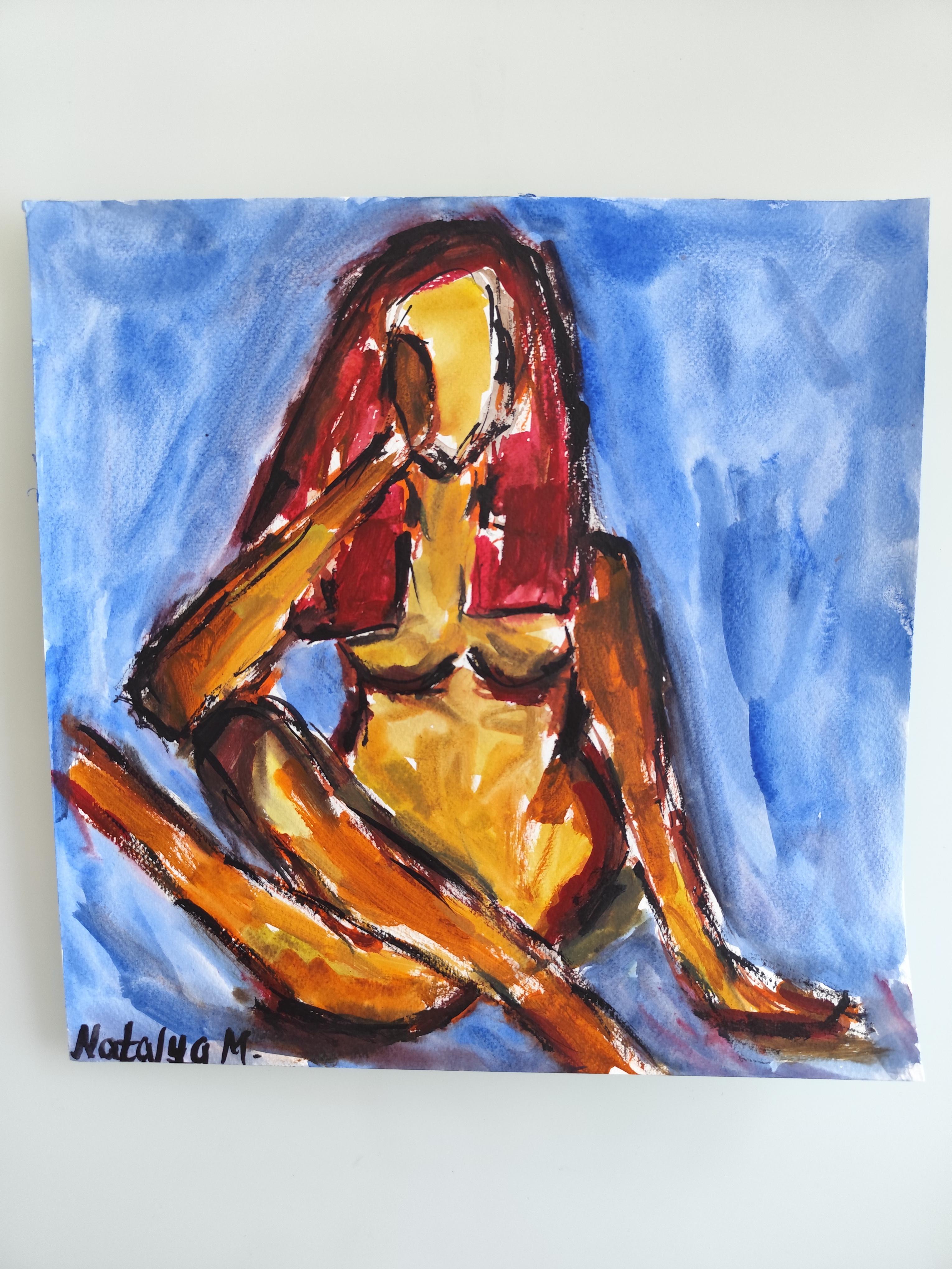 Contemporaine abstraite expressionniste vive aquarelle femme papier 