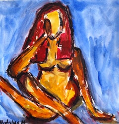 Contemporaine abstraite expressionniste vive aquarelle femme papier "Pause de la femme".