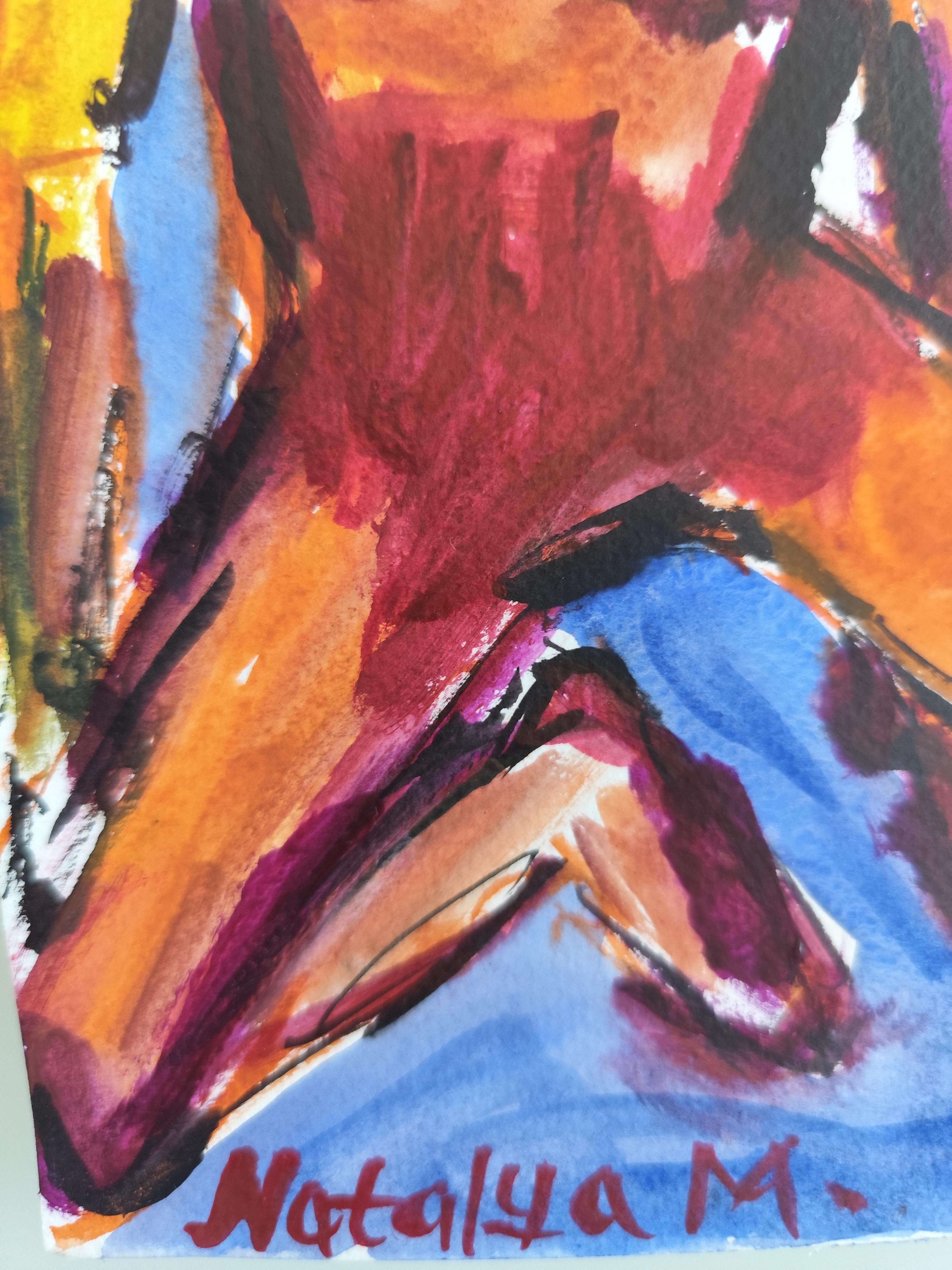 Contemporary abstract expressionist vivid watercolor women paper 