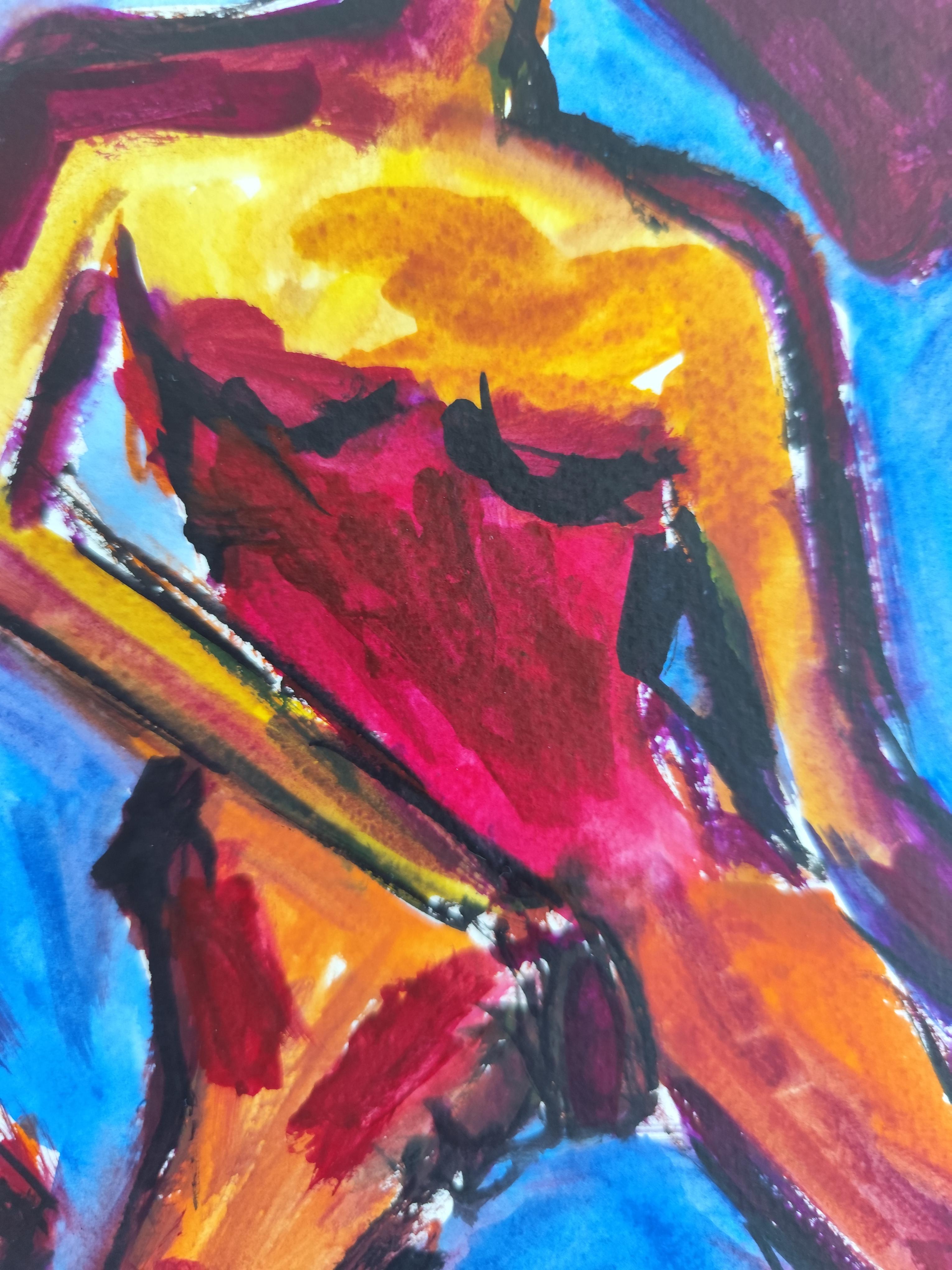 Contemporary abstract expressionist vivid watercolor women paper 