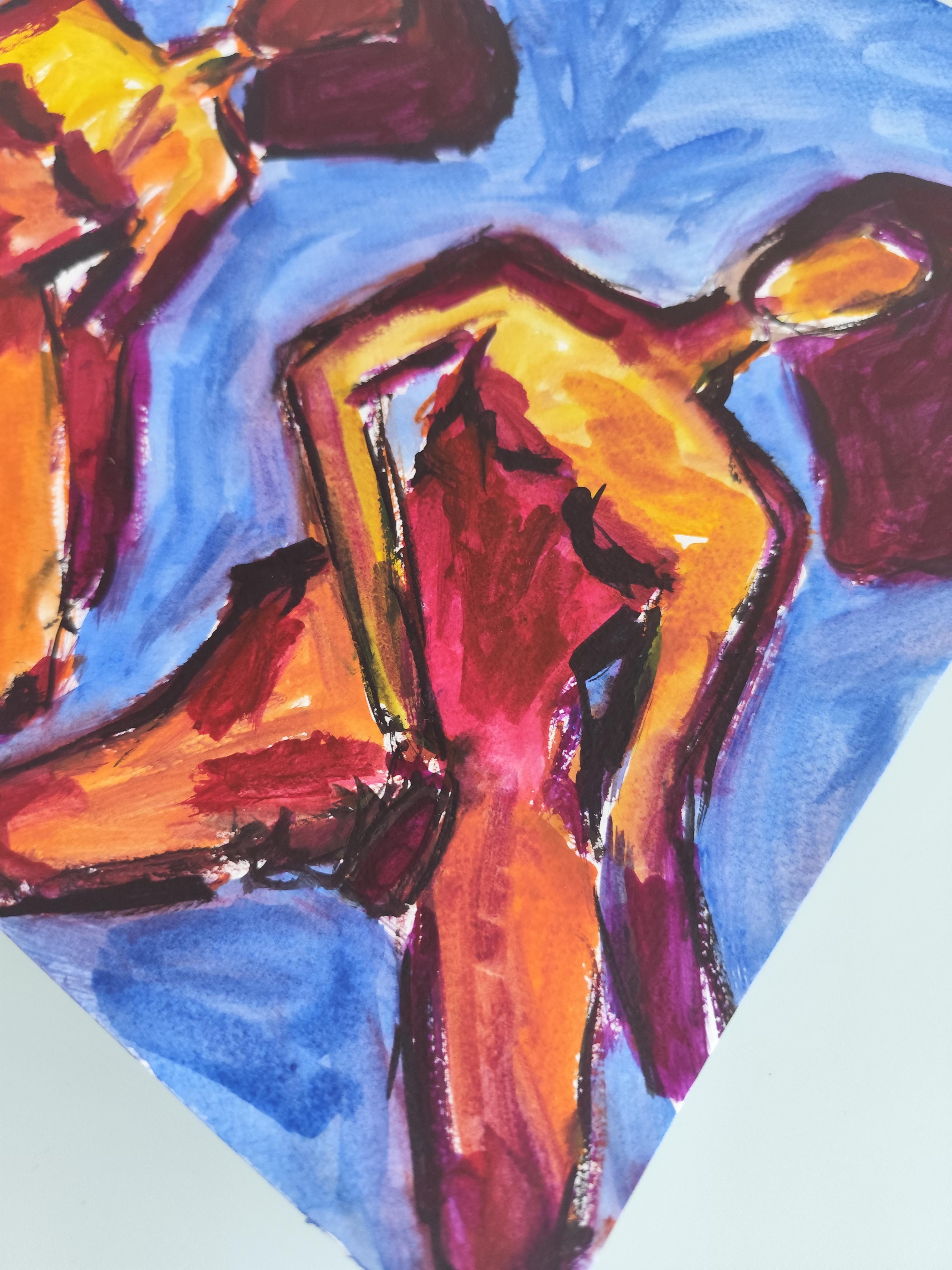 Contemporary abstract expressionist vivid watercolor women paper 
