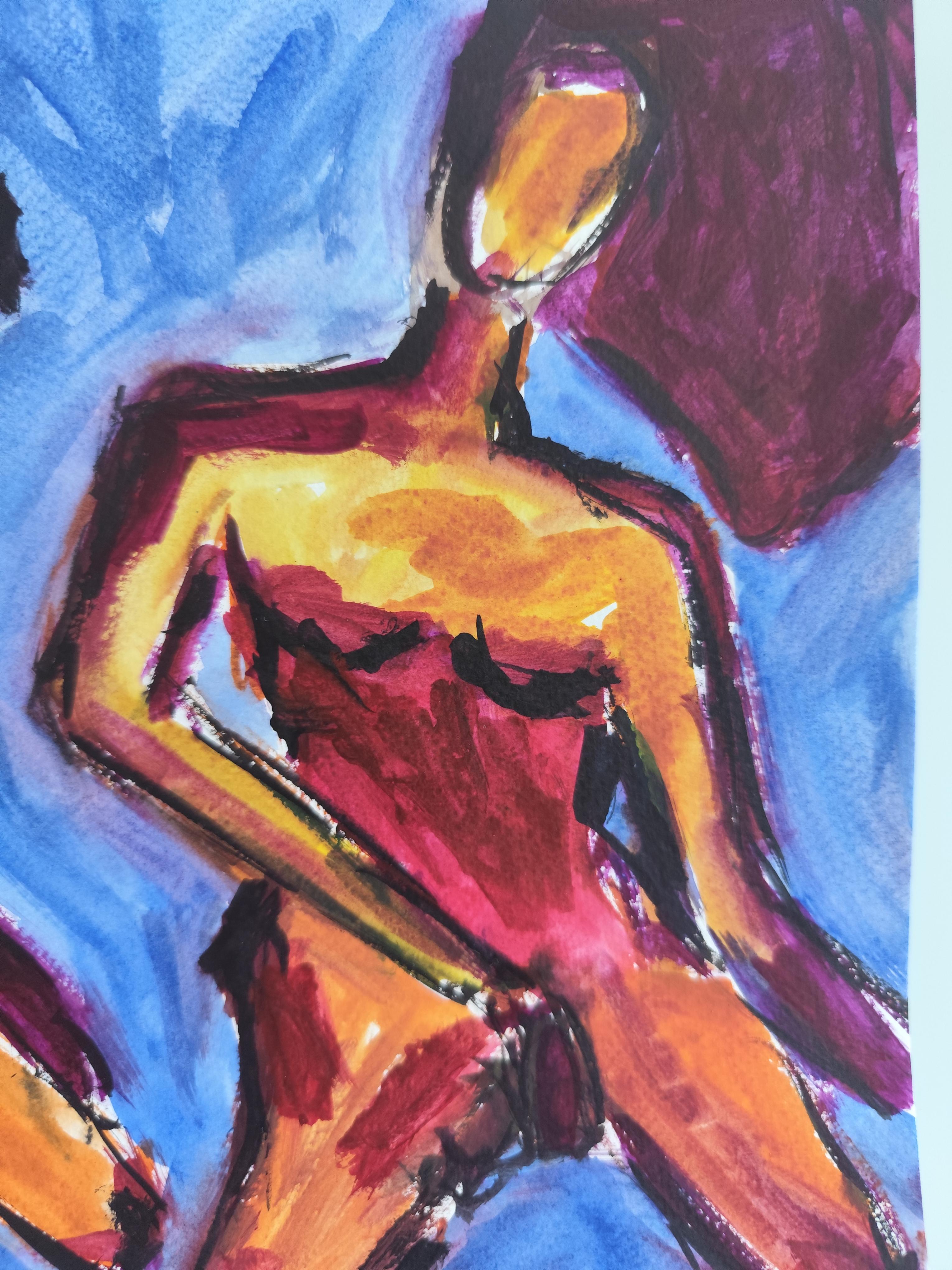 Contemporary abstract expressionist vivid watercolor women paper 