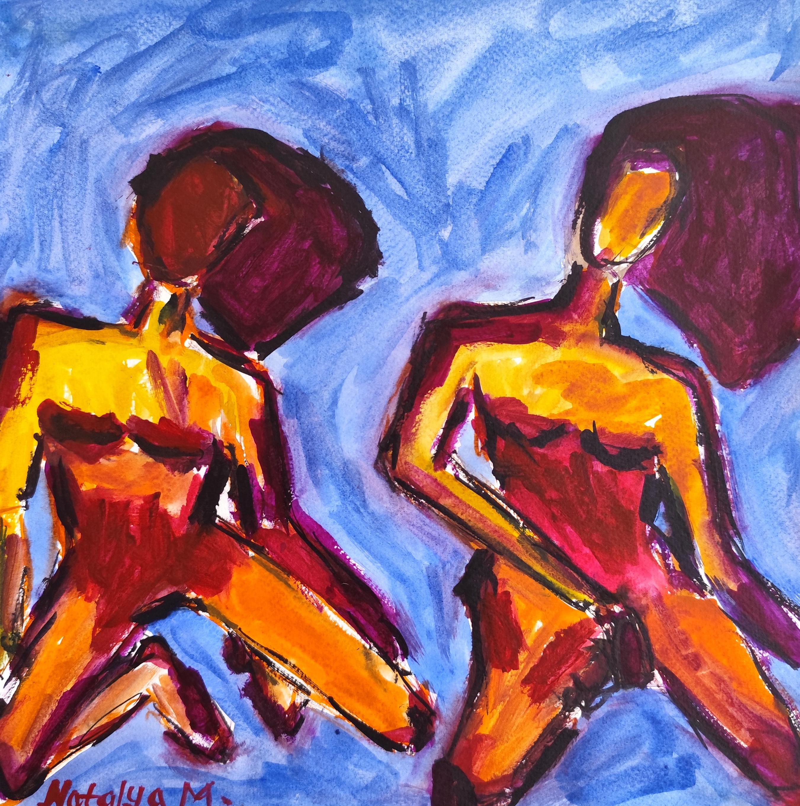 Mougenot Natalya Portrait Painting - Contemporary abstract expressionist vivid watercolor women paper "Dancing souls"