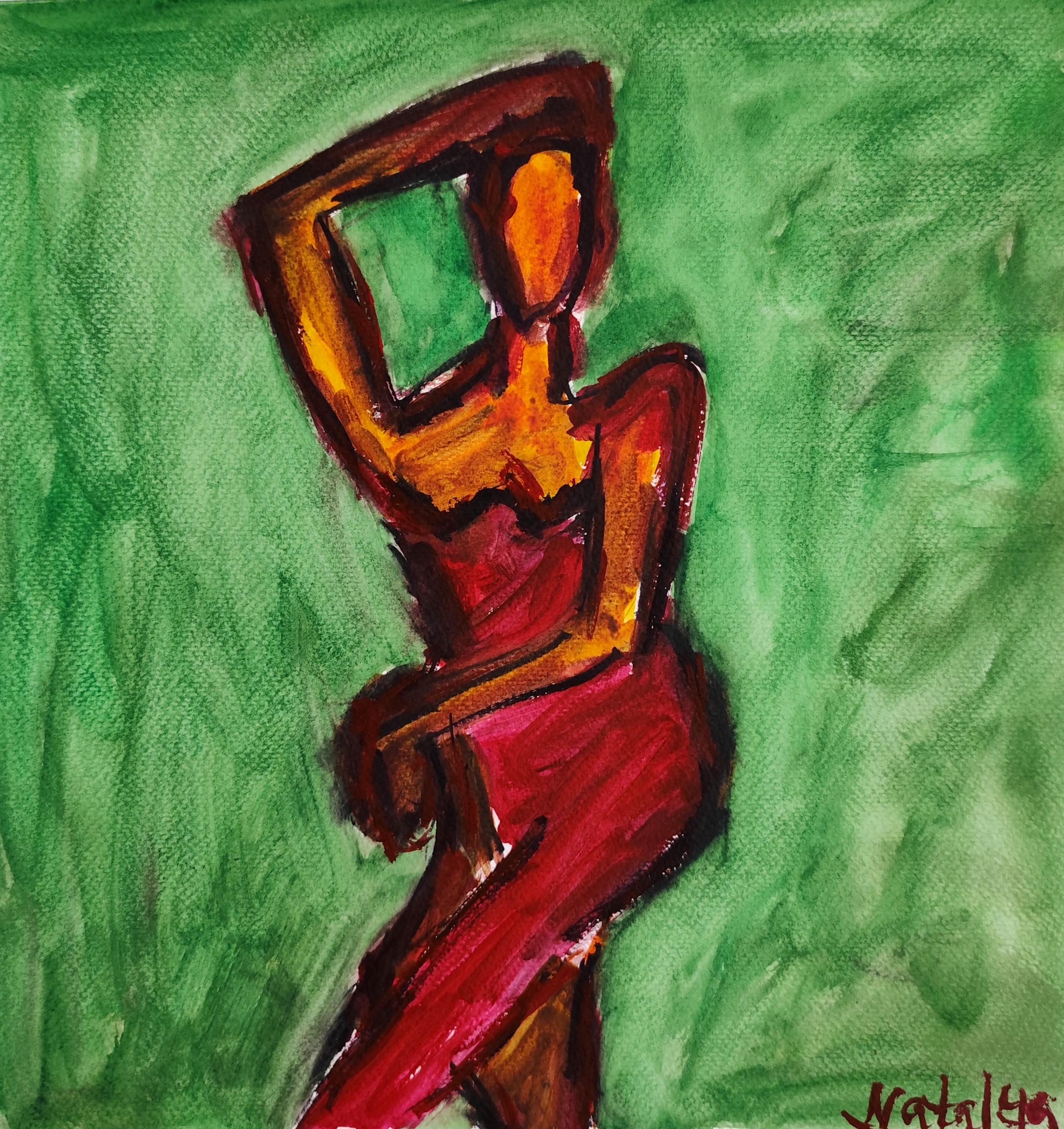 Abstract Painting de Mougenot Natalya - Acuarela expresionista abstracta contemporánea mujer sobre papel "Figura en verde"