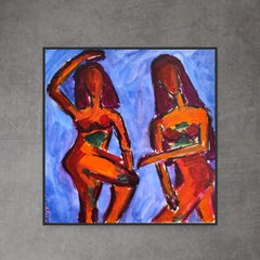 Contemporary abstract expressionist watercolor women paper "The blue dialogue"
