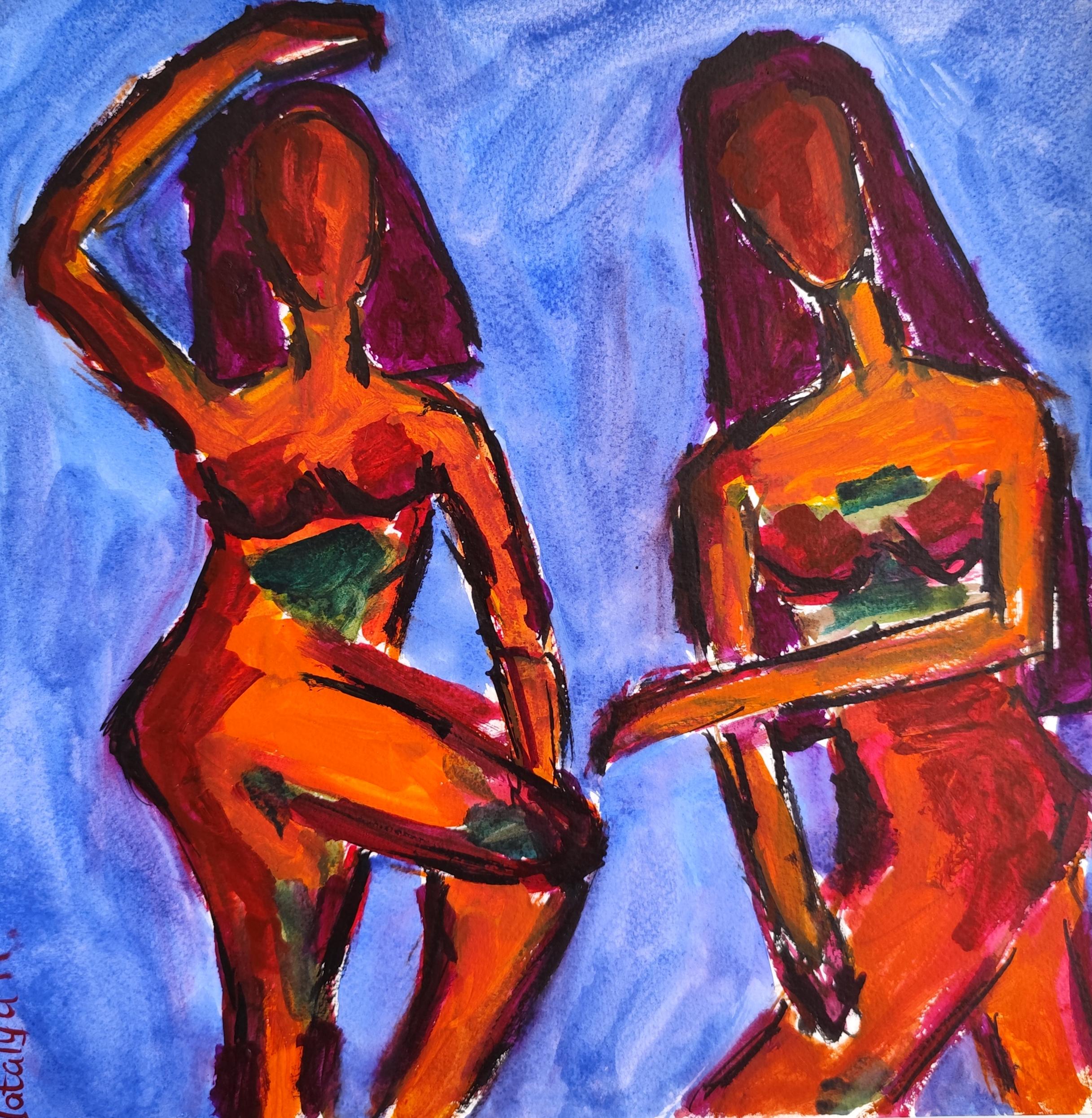 Nude Painting Mougenot Natalya - Aquarelle contemporaine expressionniste abstraite femmes papier "Le dialogue bleu"