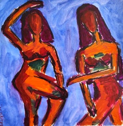 Aquarelle contemporaine expressionniste abstraite femmes papier "Le dialogue bleu"