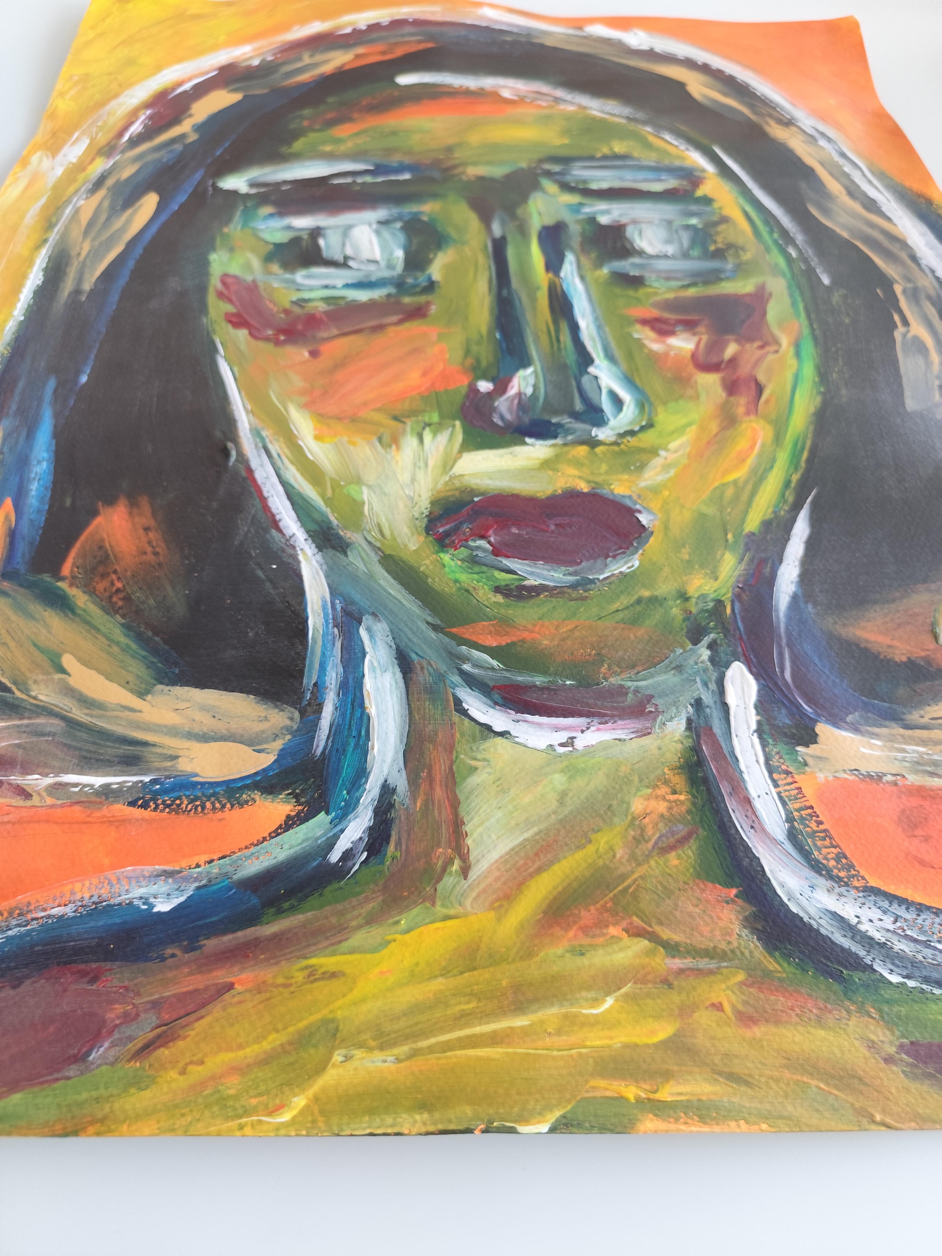 Portrait de femme expressionniste abstrait contemporain papier acrylique 
