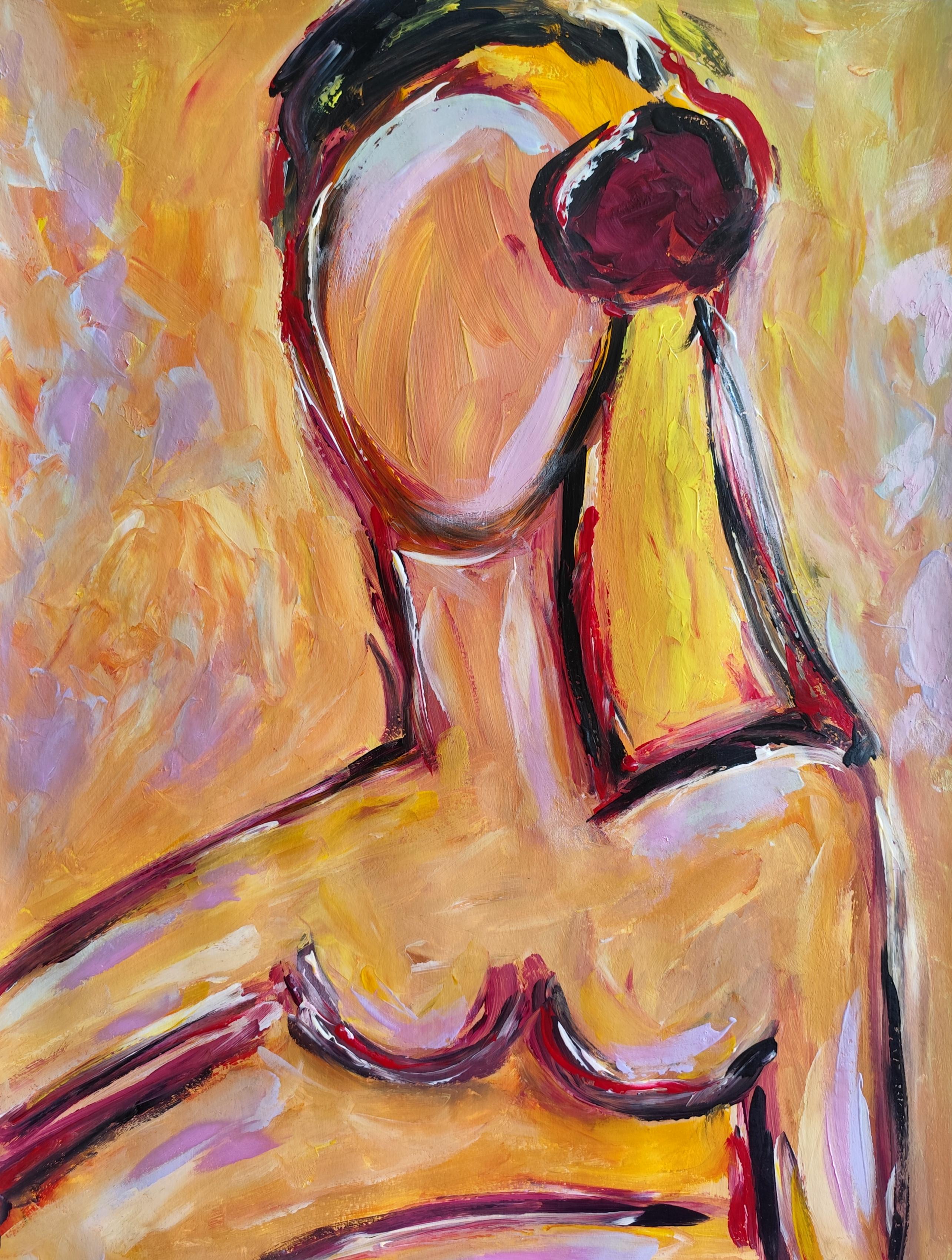 Abstract Painting de Mougenot Natalya - Abstracto contemporáneo  retrato expresionista de mujer  "Su rosa, su silencio"