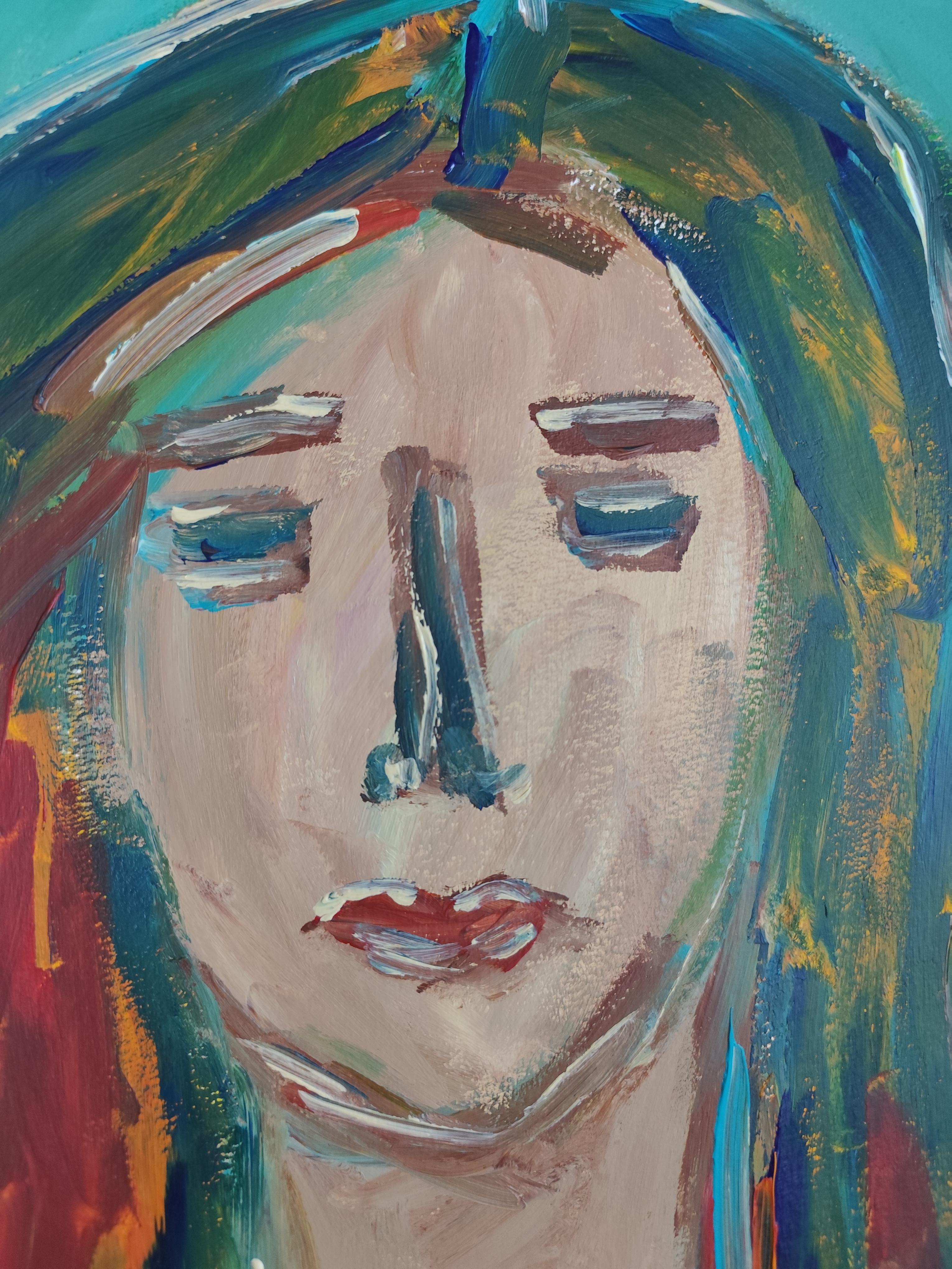 Portrait de femme expressionniste abstrait contemporain sur papier 