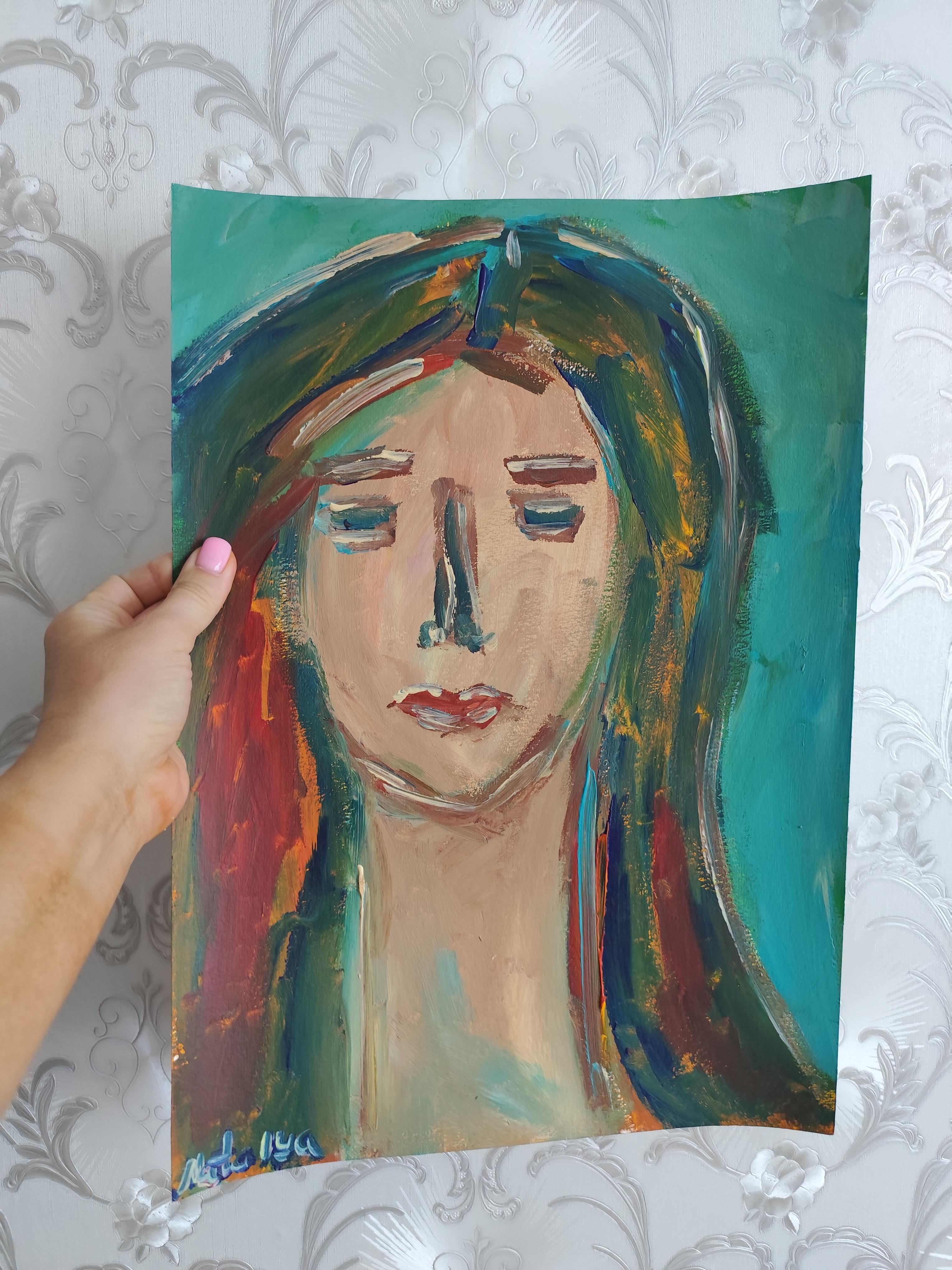 Portrait de femme expressionniste abstrait contemporain sur papier 