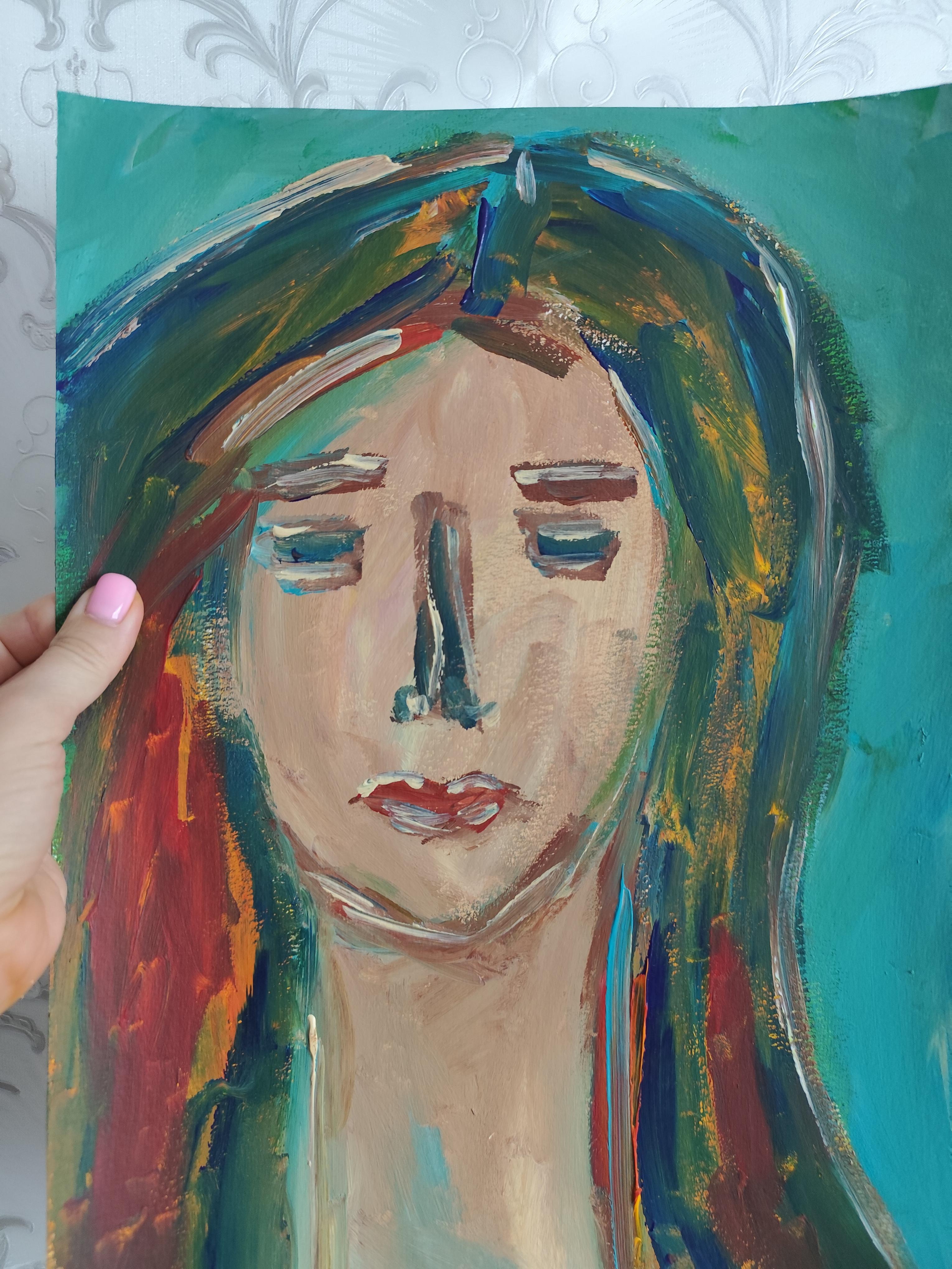 Portrait de femme expressionniste abstrait contemporain sur papier 