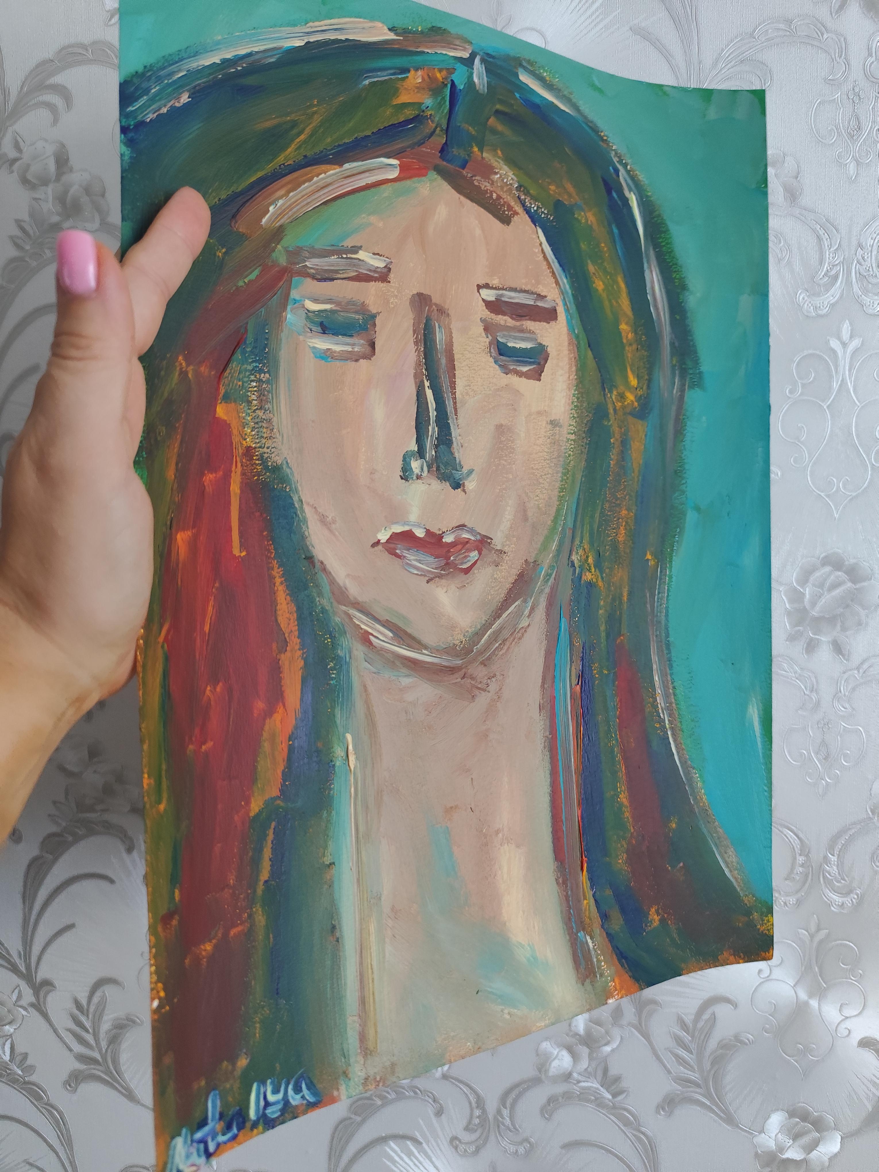 Portrait de femme expressionniste abstrait contemporain sur papier 