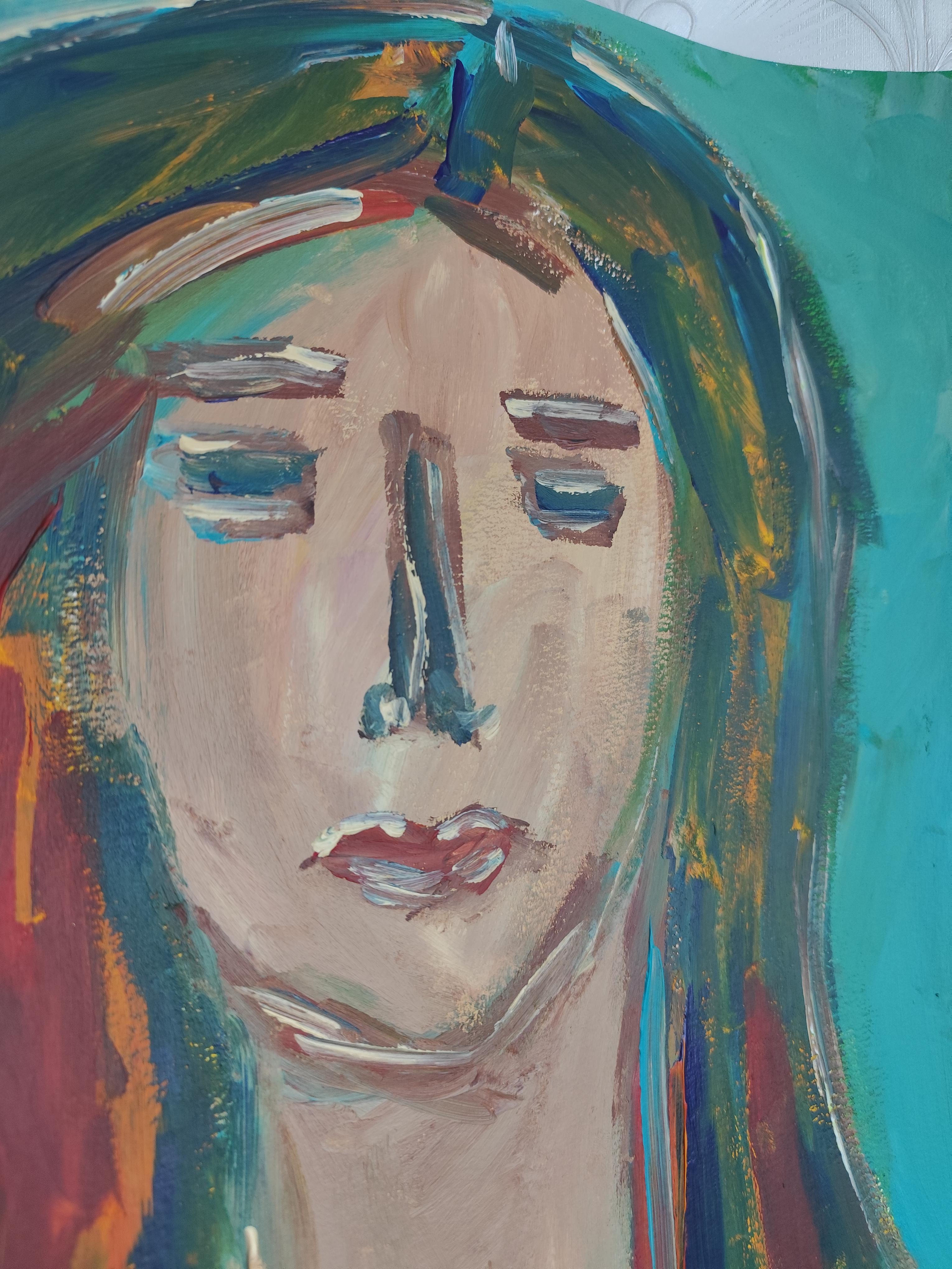 Portrait de femme expressionniste abstrait contemporain sur papier 