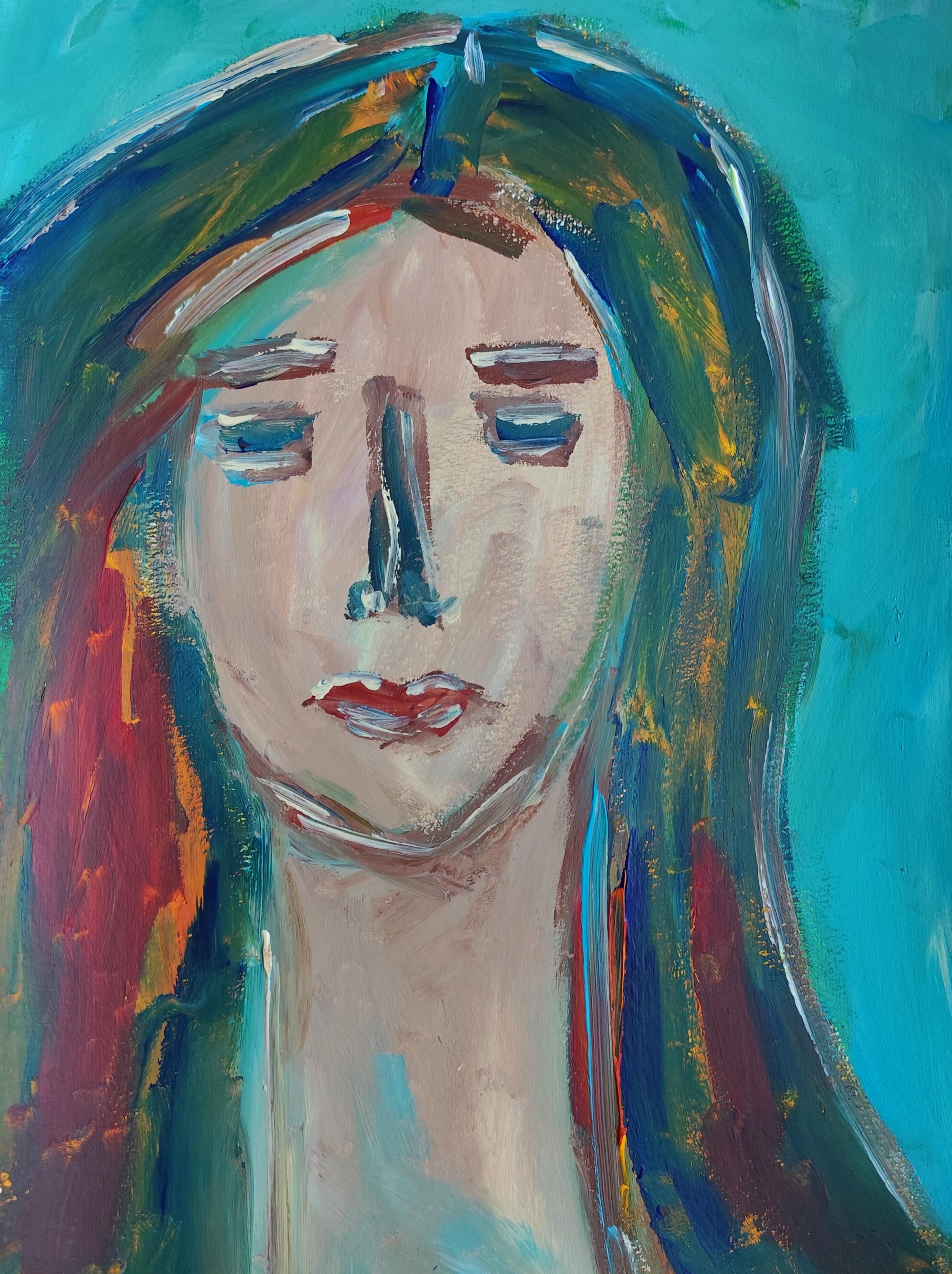 Zeitgenössisches abstraktes expressionistisches Frauenporträt auf Papier "In der Liebe leben wir".