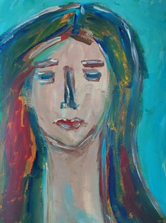 Portrait de femme expressionniste abstrait contemporain sur papier "In love we live".