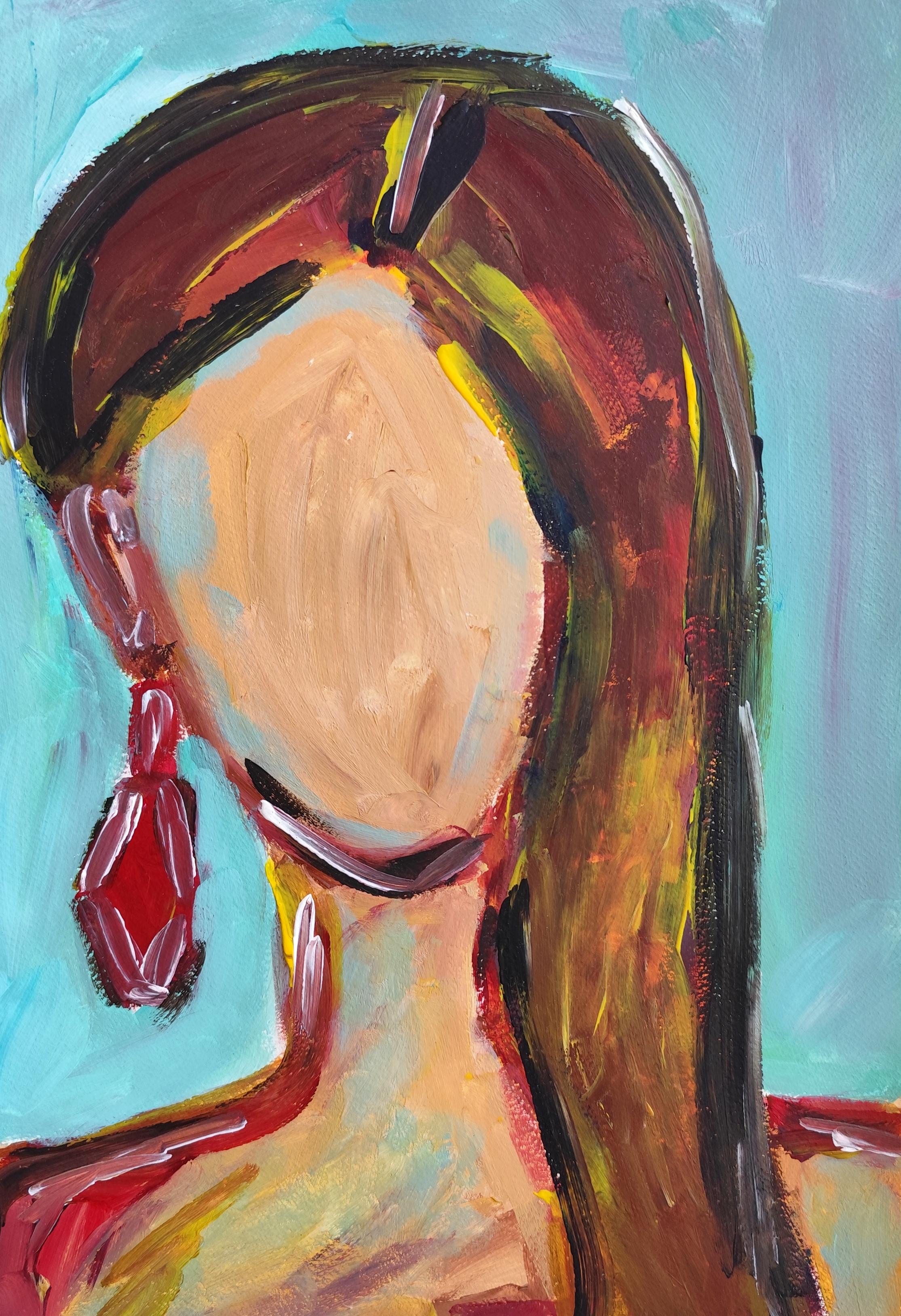 Mougenot Natalya Figurative Painting - Contemporary abstract expressionist woman's portrait on paper "My force within"