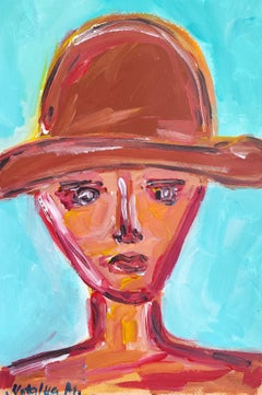 Contemporary abstract expressionist woman's portrait painting "Beneath the brim"