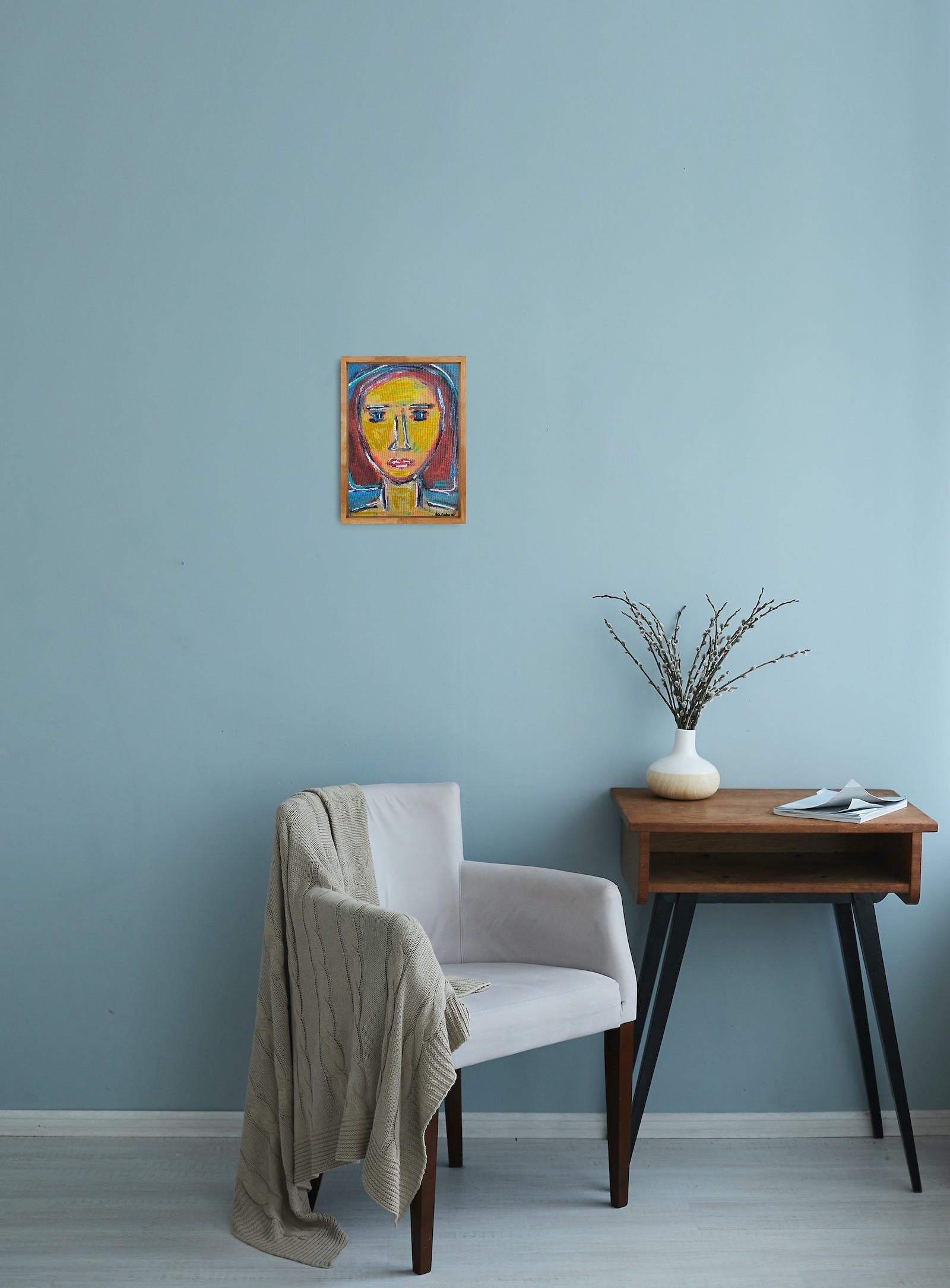 This contemporary abstract expressionist woman’s portrait was created by French artist Natalya Mougenot as part of her ongoing series dedicated to Women. In this body of work, Mougenot explores the complex inner world of femininity — the quiet