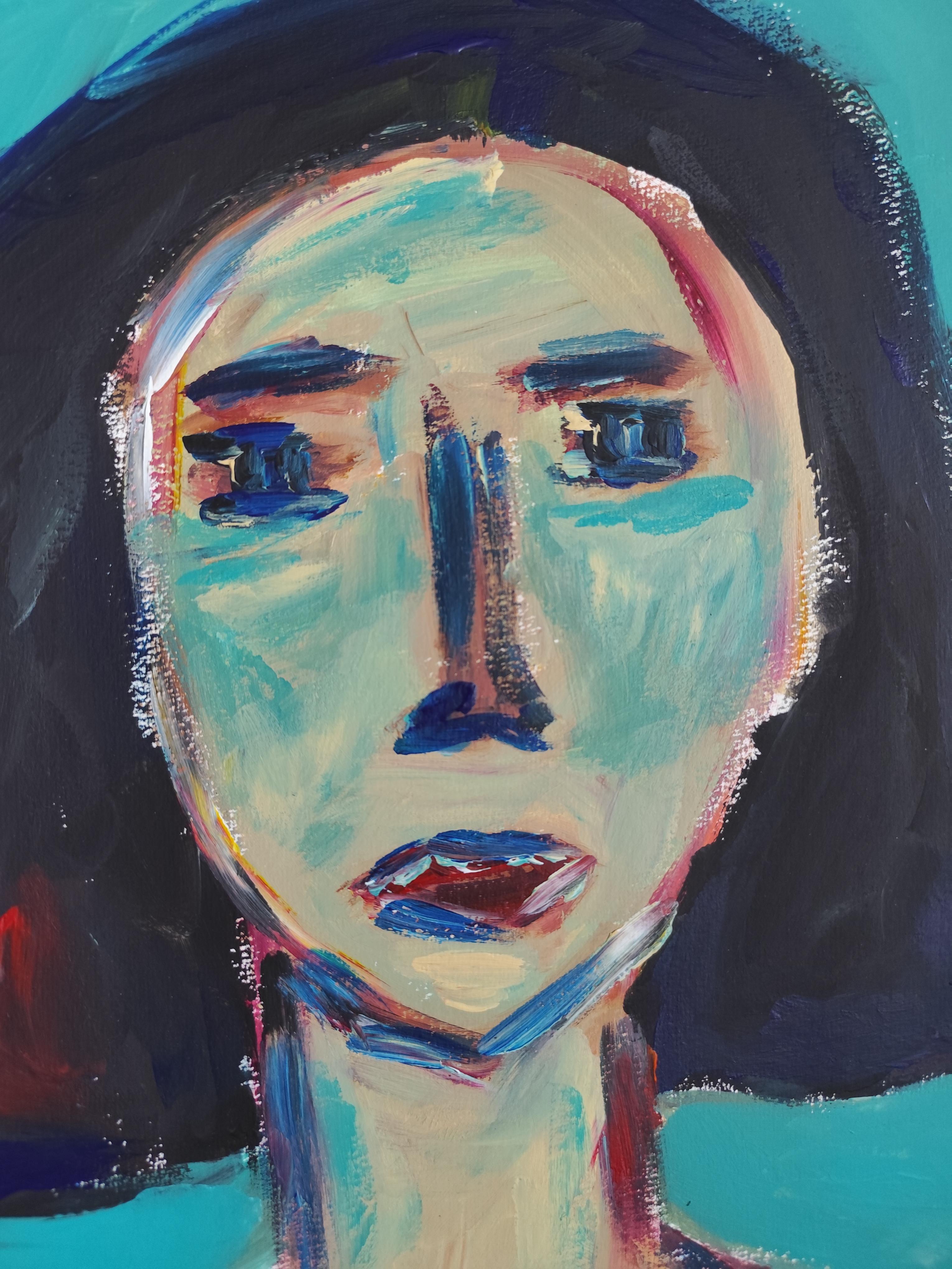 Zeitgenössisches abstraktes expressionistisches Frauenporträt Papier 