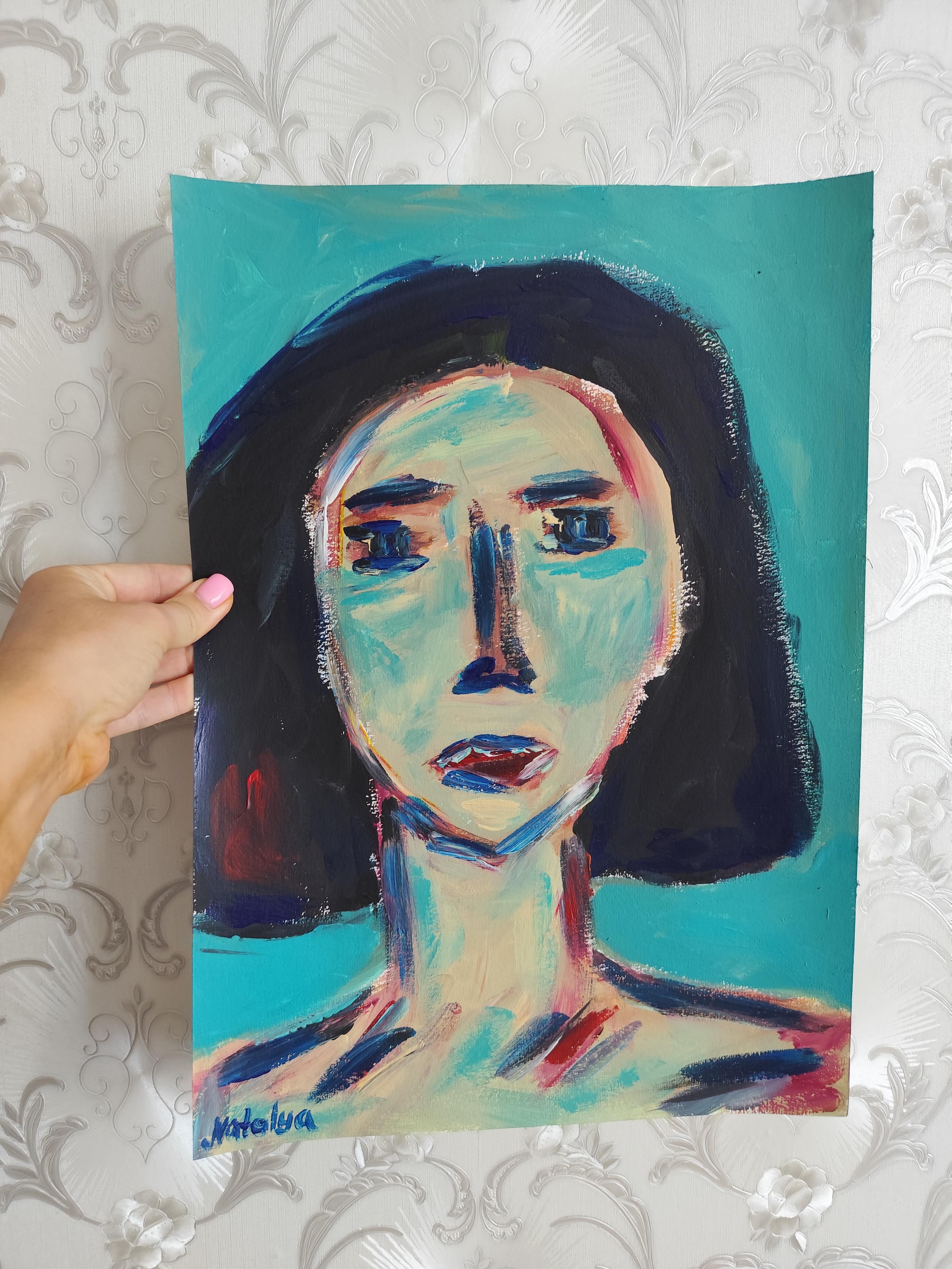 Zeitgenössisches abstraktes expressionistisches Frauenporträt Papier 