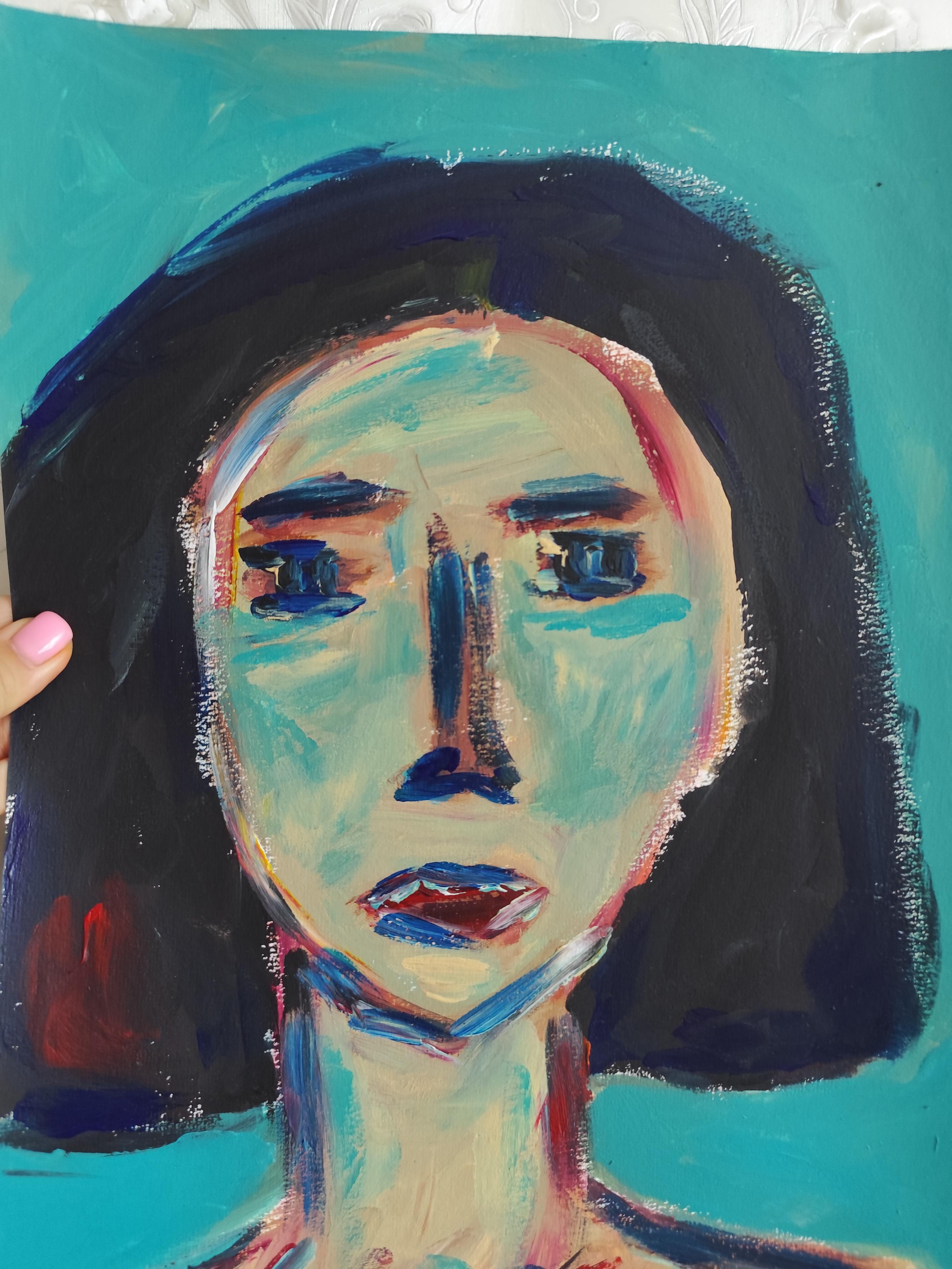 Zeitgenössisches abstraktes expressionistisches Frauenporträt Papier 